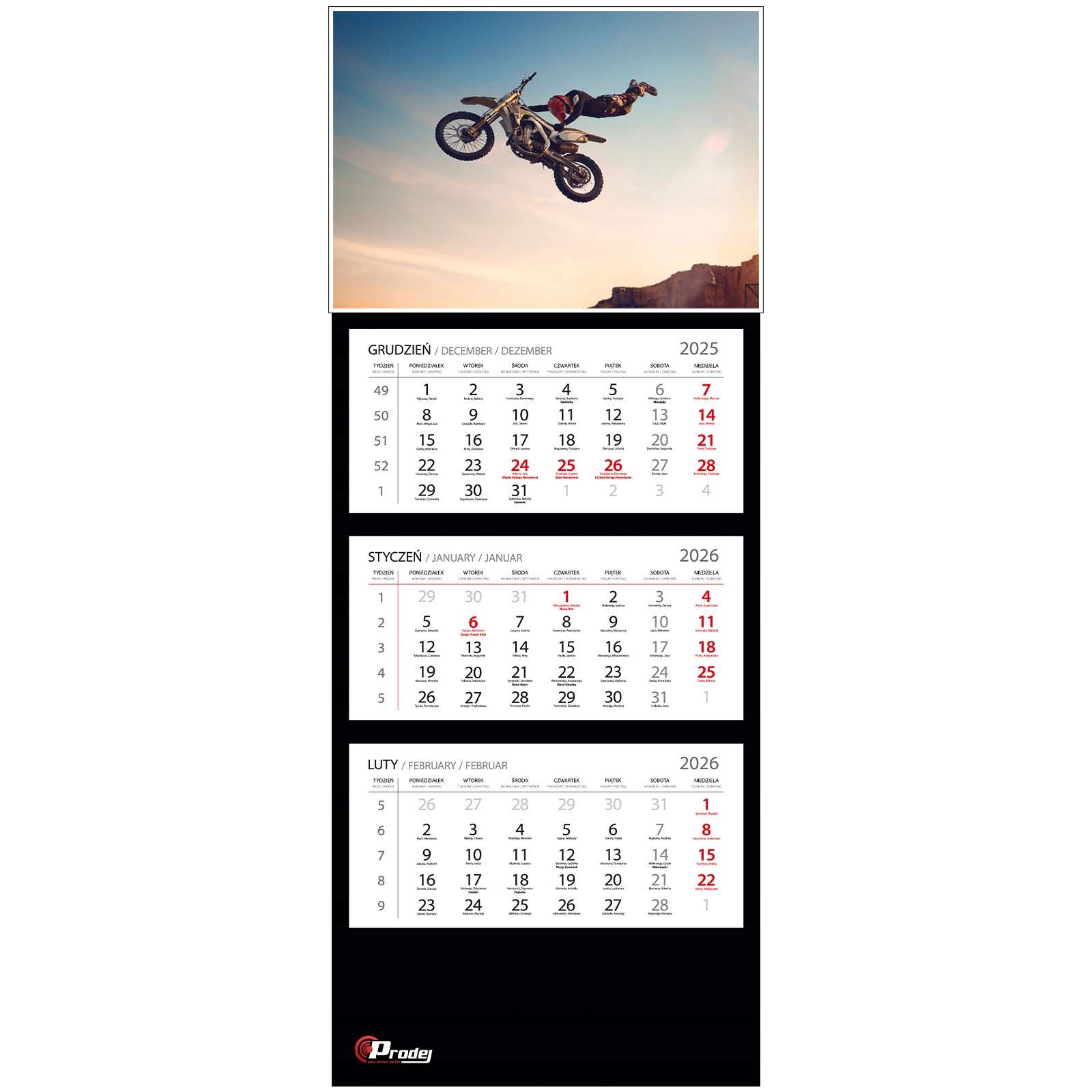 Kalendarz 2026 Ścienny Trójdzielny NIEDZIELE HAND MOTOCROSS 12 (3A ...