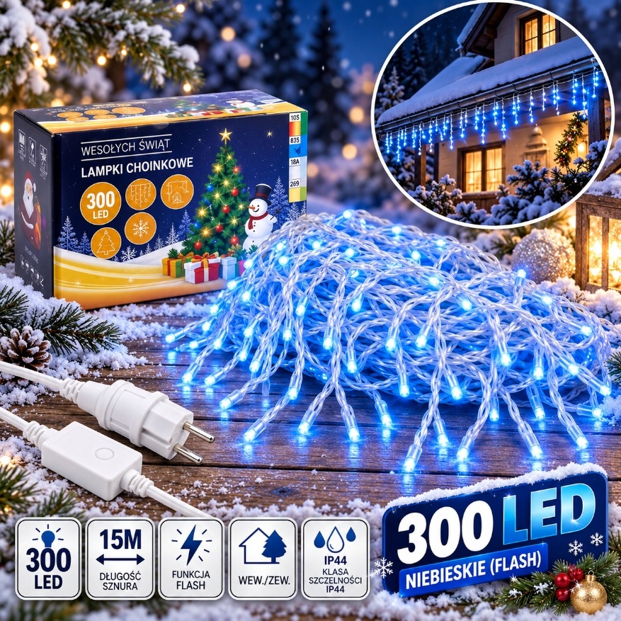 Lampičky rampouchy venkovní 300 Led 15 m modré Flash kombinované IP44