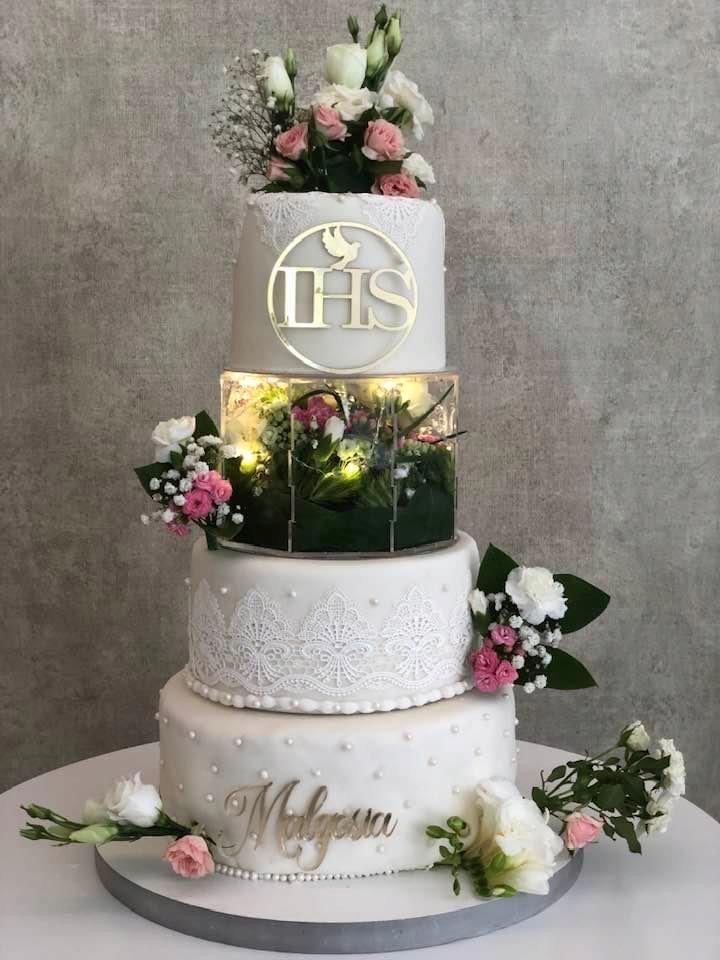 TOPPER DEKORACJA NA BOK TORTU IHS KOMUNIA ZŁOTY Okazje komunia