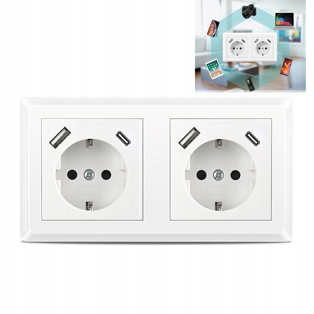 Zásuvka Dvojitá S Usb Nabíječkou A+c 16A 250V Bílá