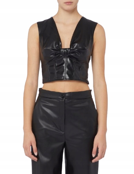 Guess Černý Koženkový Top S Výstřihem A Nařasením