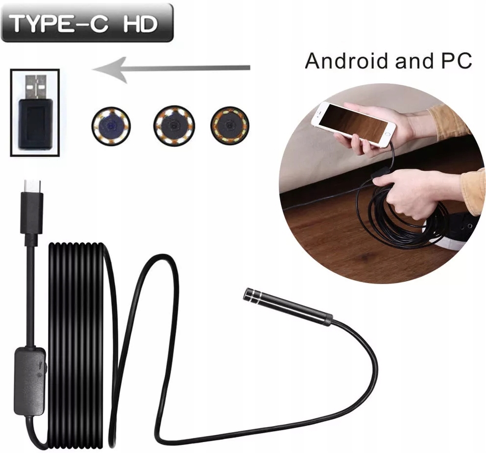 KAMERA INSPEKCYJNA ENDOSKOPOWA 5m ANDROID micro USB + USB-C dobra cena Waga produktu z opakowaniem jednostkowym 0.3 kg