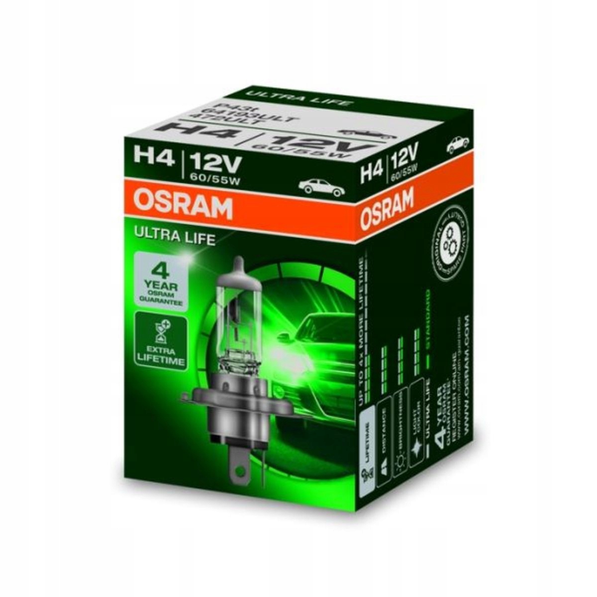 

Żarówka Osram H4 12V 60/55W P43T Ultra Life OSR641