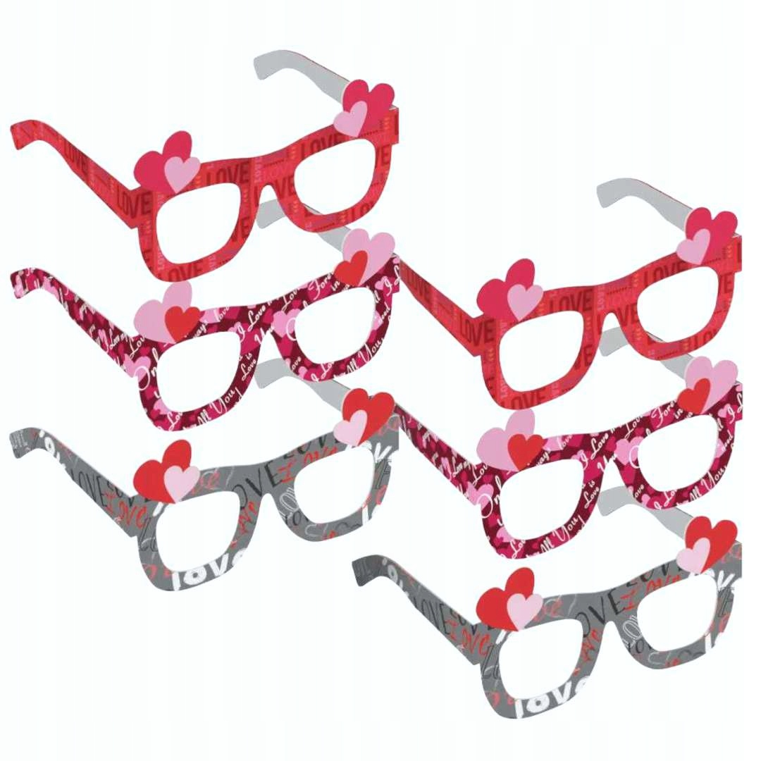OKULARY papierowe WALENTYNKI zakochani SERCA LOVE różowo-czerwone x6