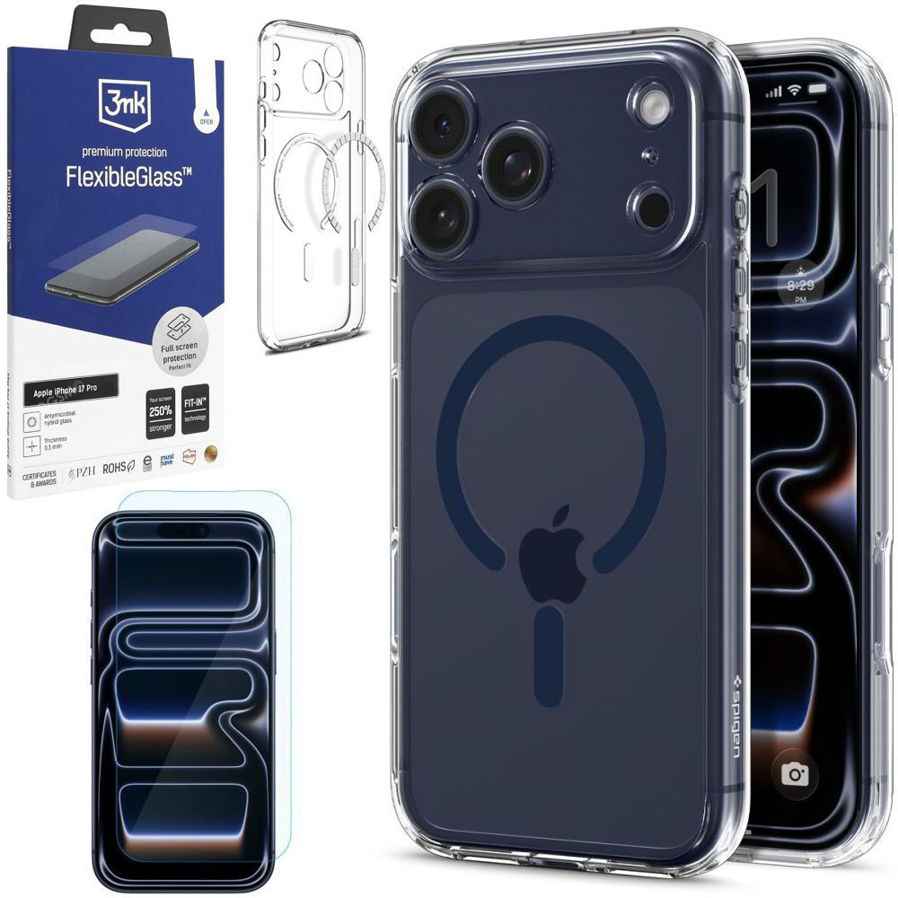 Pouzdro Spigen Ultra Hybrid MagSafe Clear Blue Sklo 3mk pro iPhone 17 Pro
