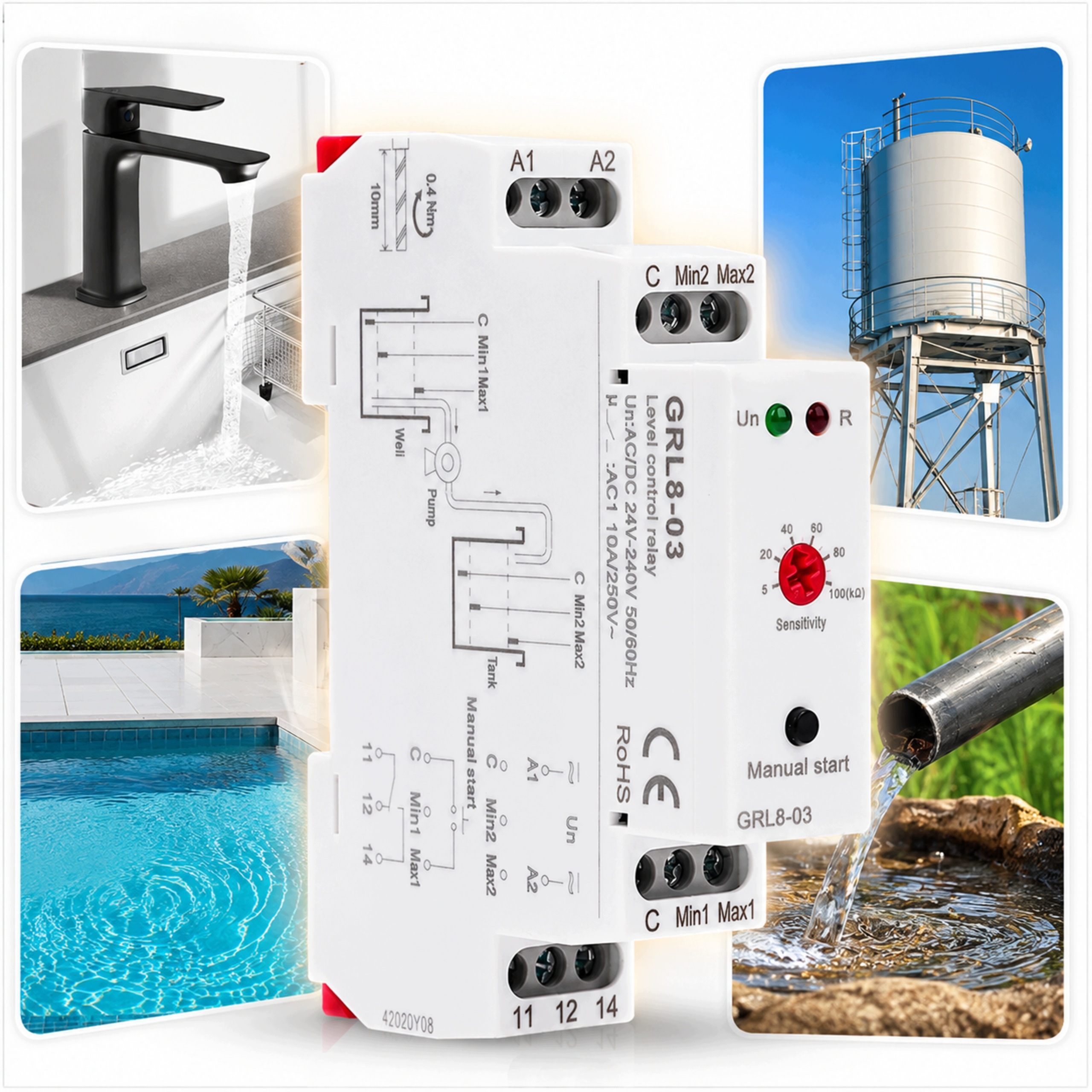 Regulátor hladiny vody GRL8-03 Snímač Relé Ovladač 10 A až do 240 V