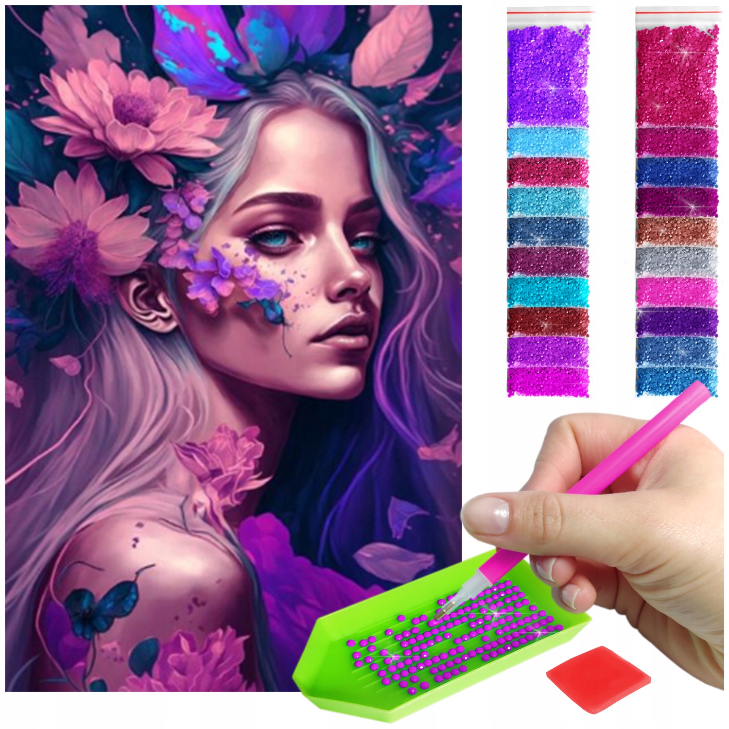 Velká Výšivka diamantová diamond painting mozaika žena květiny kytice 60x40cm