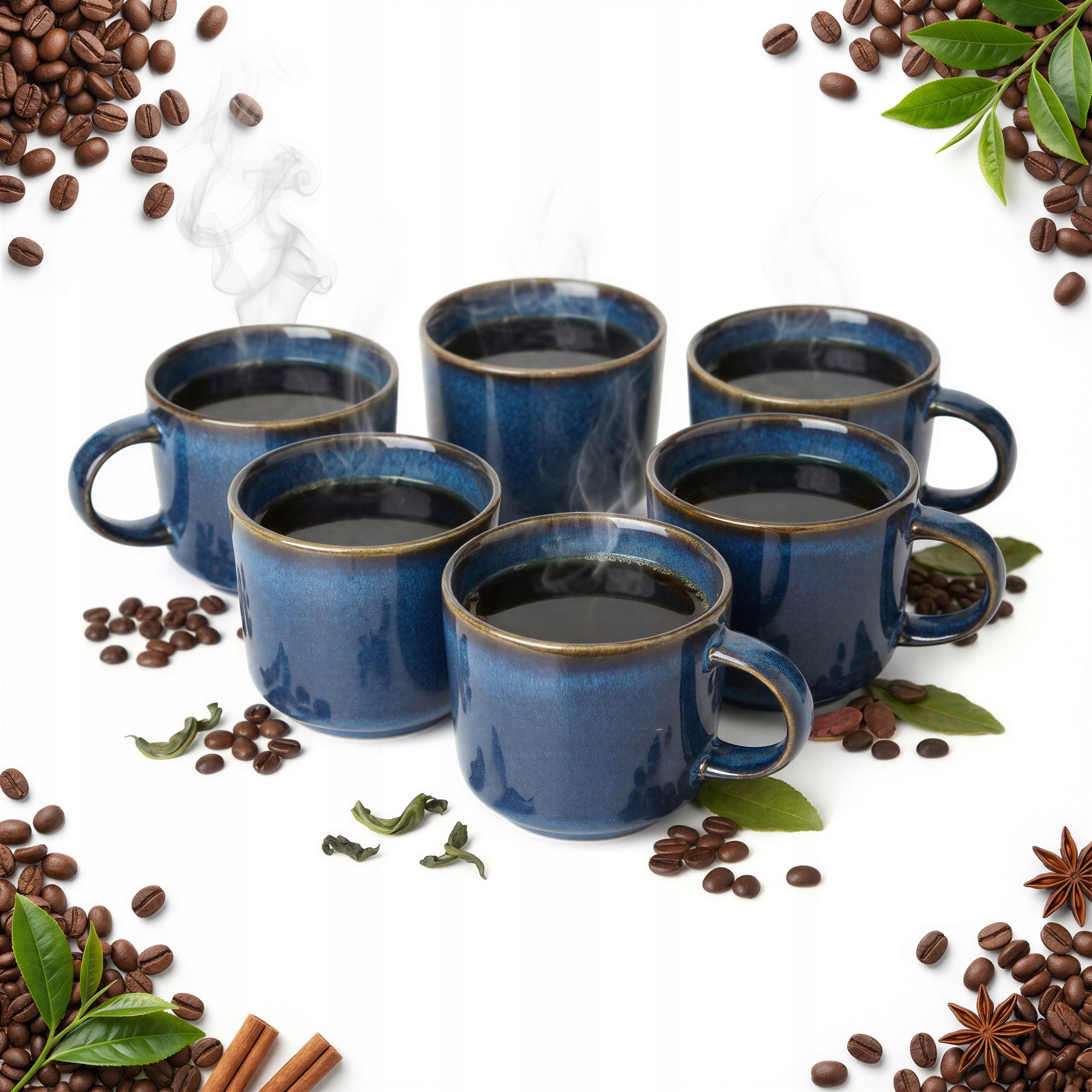 Šálky Na Čajovou Kávu Šálek Sada 6 Kusů 350 ML Tmavě Modrá Keramika