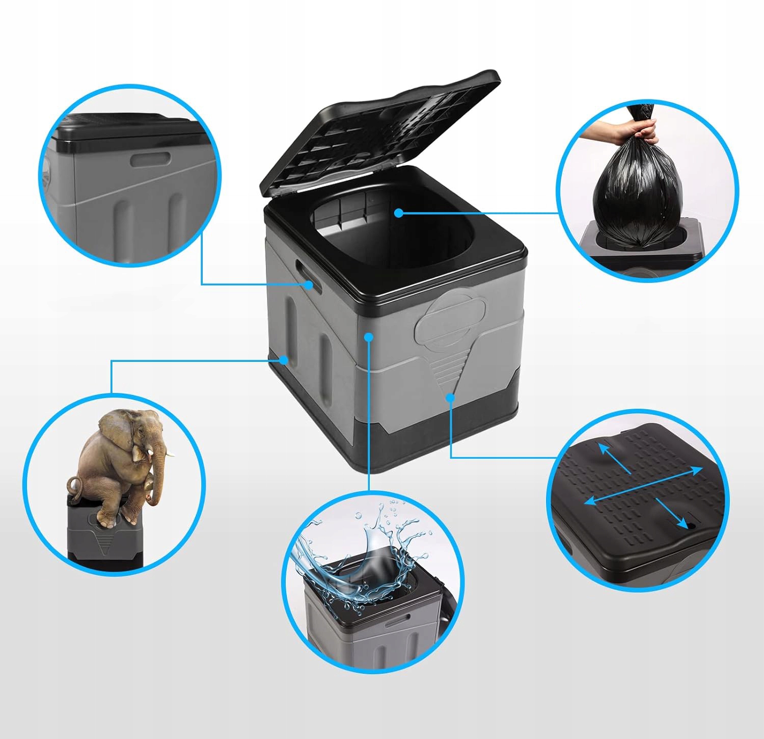 TOALETA KEMPINGOWA, PRZENOŚNA TOALETA, TOALETA DO UŻYTKU NA ZEWNĄTRZ Maksymalna waga użytkownika 200 kg