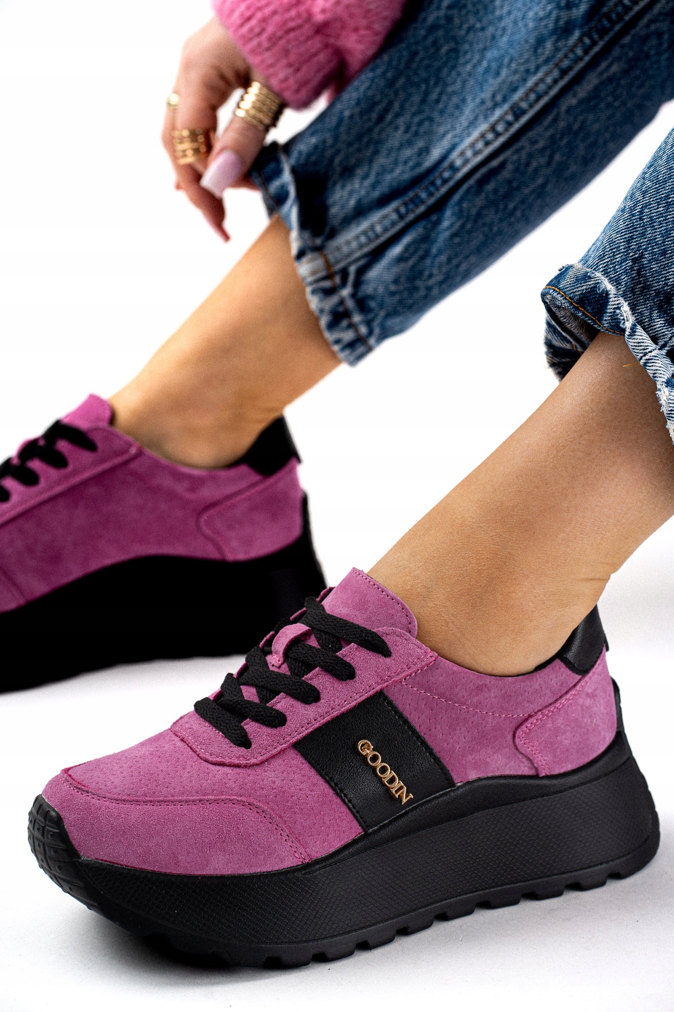 Różowe skórzane sneakersy damskie na platformie 39