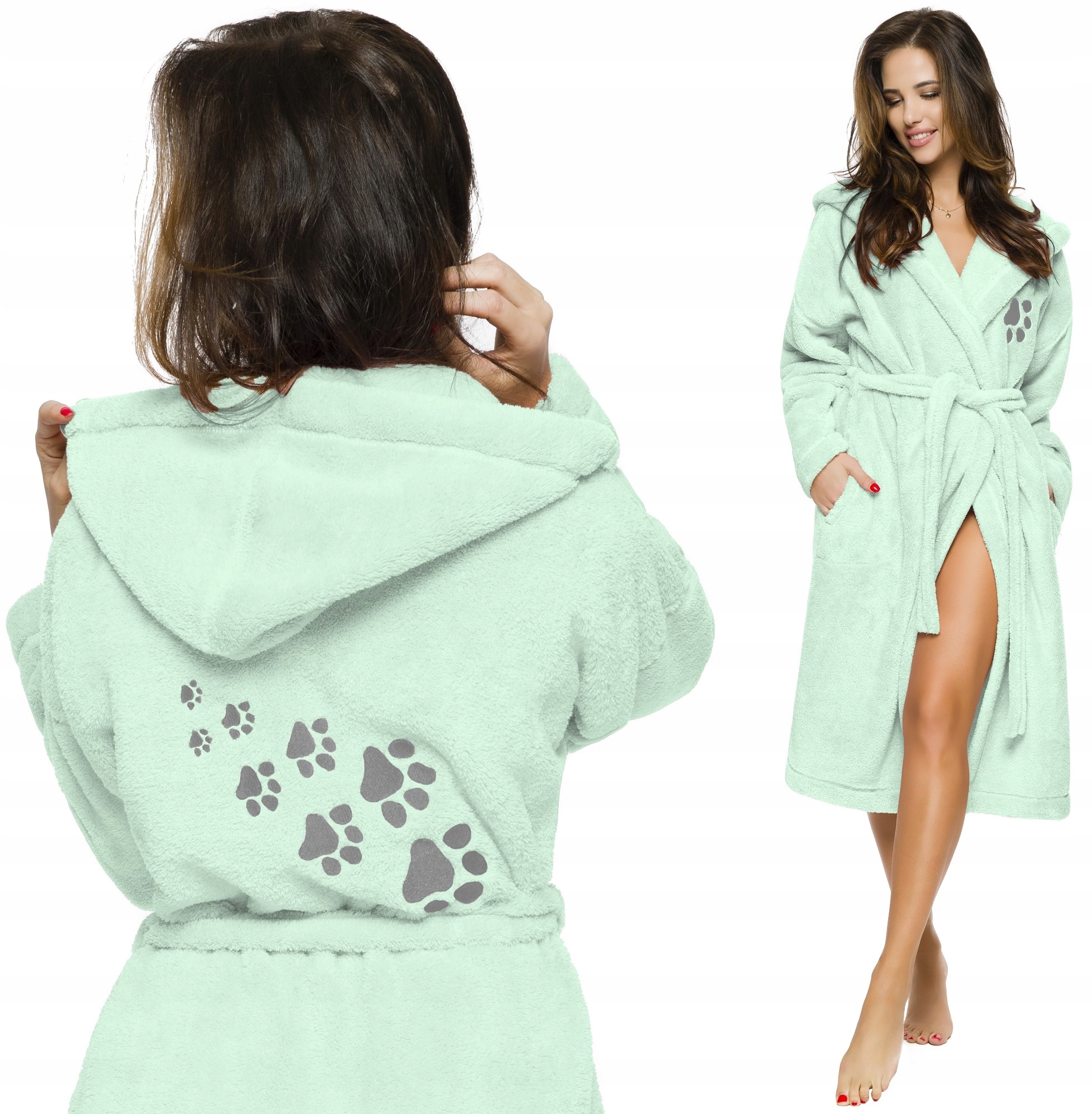 DŁUGI PUCHOWY DAMSKI SZLAFROK PODOMKA ŁAPKA M