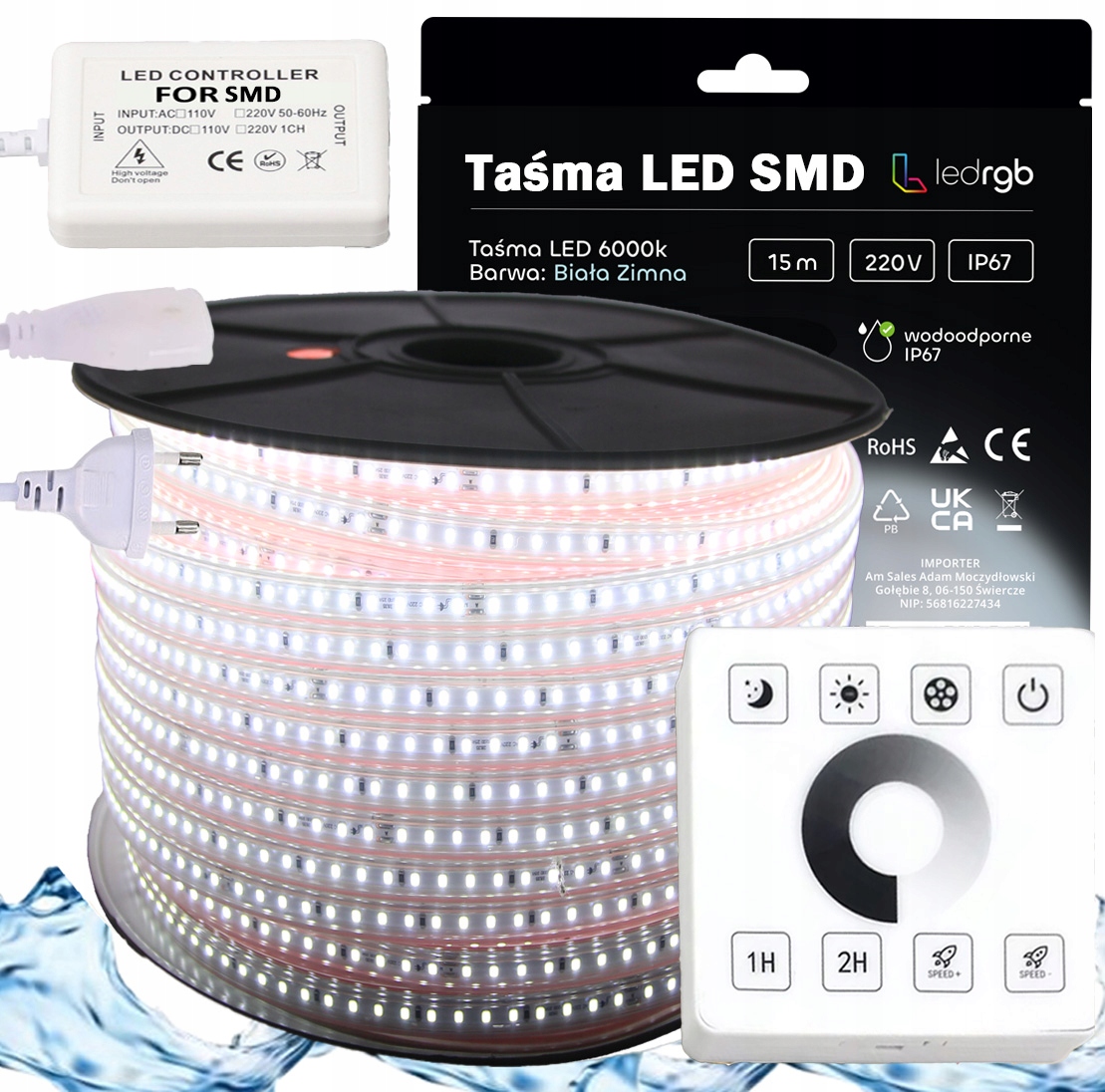 Set Led pásek Smd 230V 15 m 6000K Bílý Studený Stmívač Dálkový Ovladač Radiový