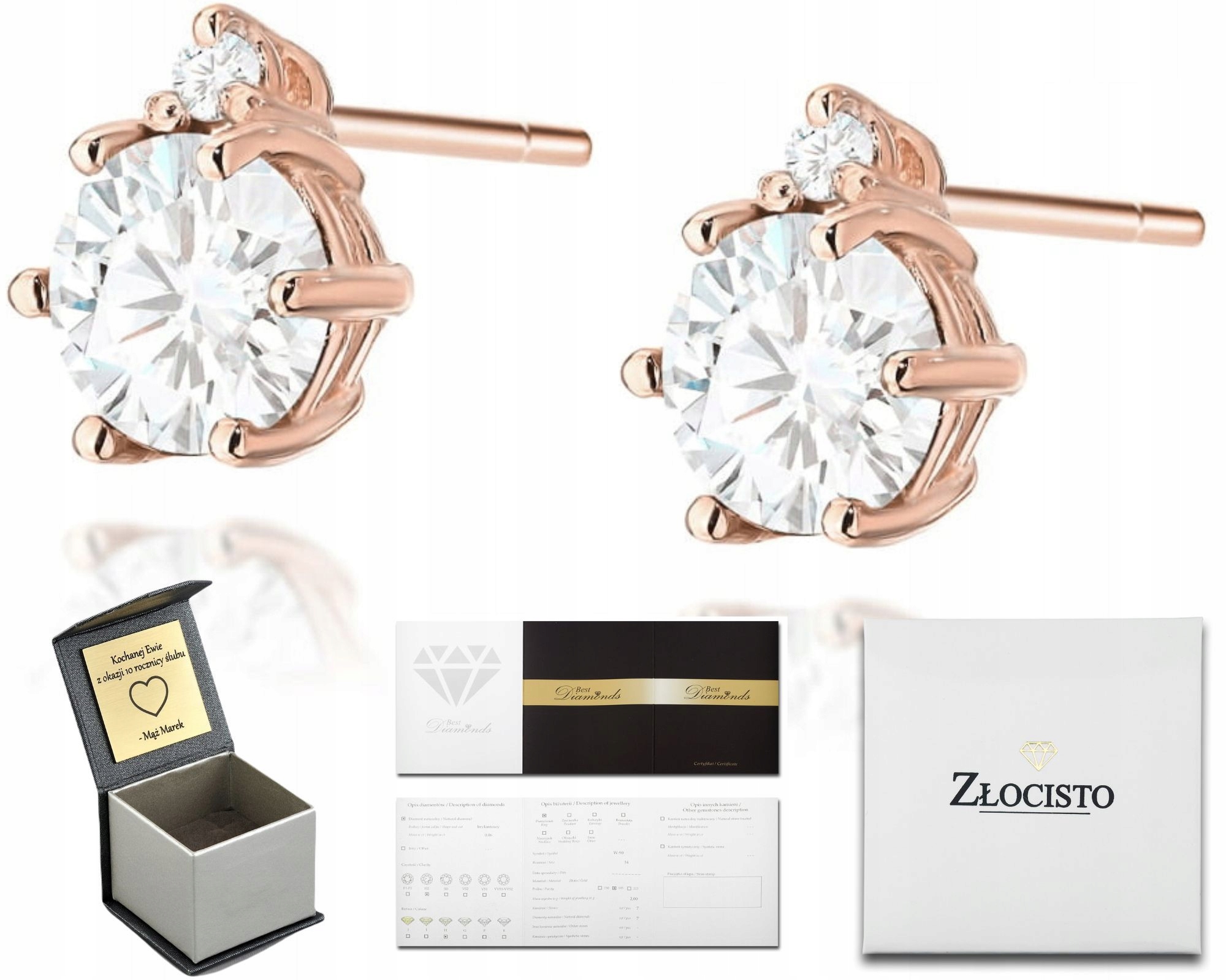 Náušnice s bílým safírem Ryzost 585 růžového zlata s brilianty a diamanty