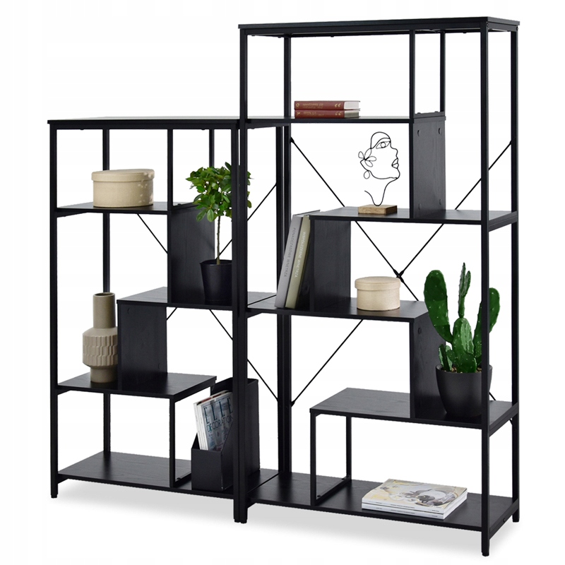 Designerski Zestaw Regałów 158x163 Harper Czarny Półki Drewno Stelaż Metal