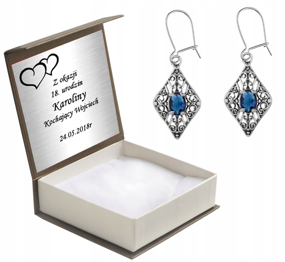 

Kolczyki Wiszące Z Szafirowymi Cyrkoniami +grawer