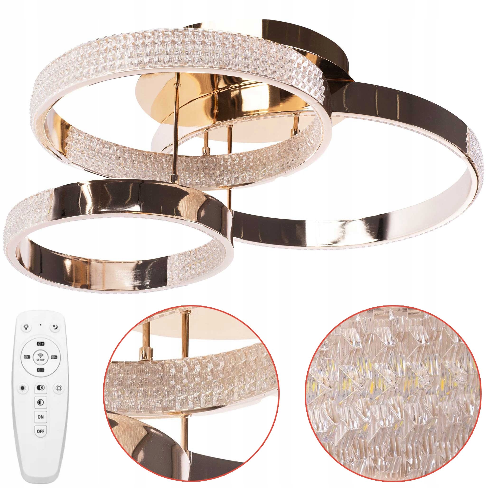 Stropné Svietidlo Zlatý okrúhly závesný trojitý Led G003 s kryštálmi 68 cm Diaľkový Ovládač