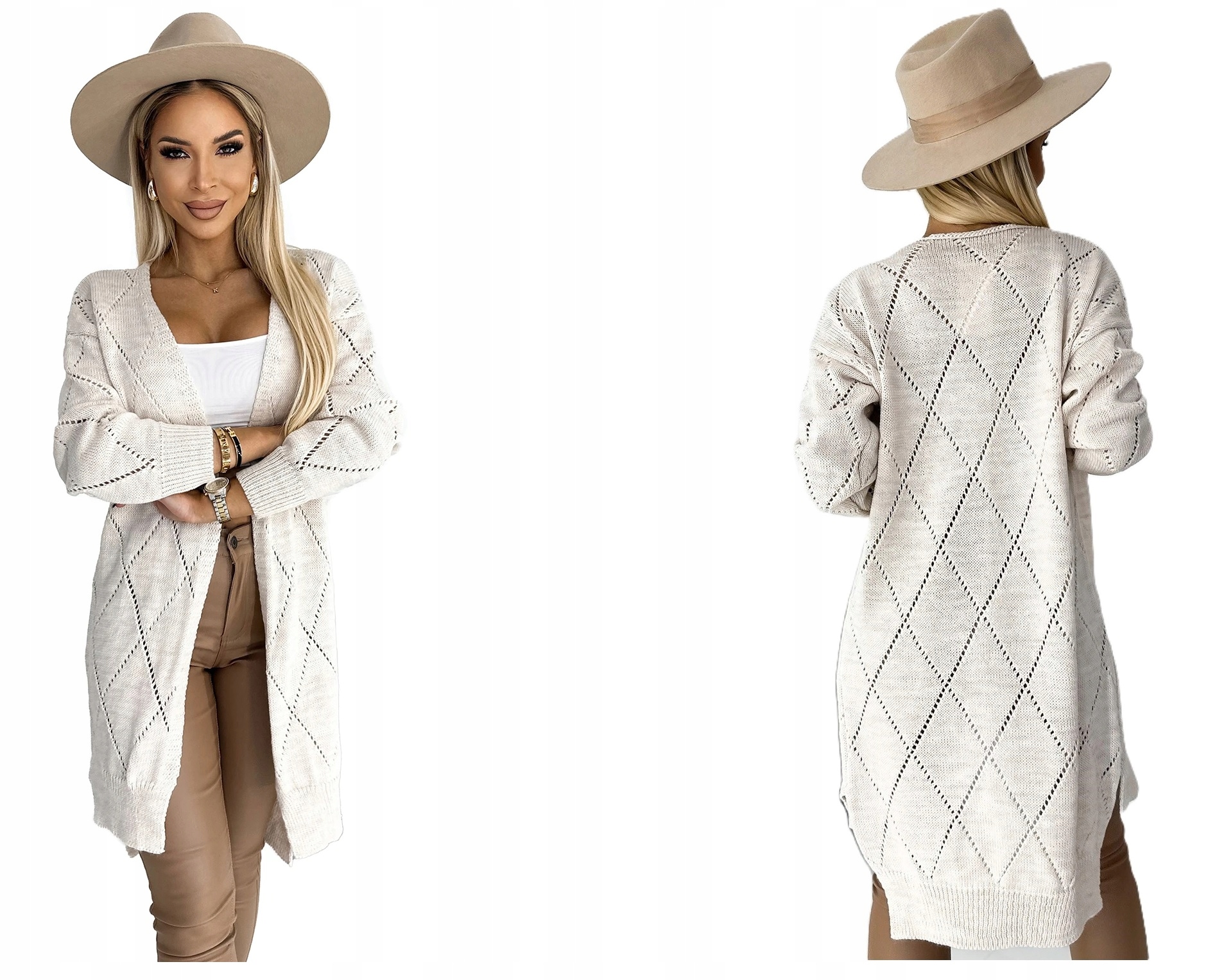 Elegantní Asymetrický Béžový Kardigan S Jemnými Ažurovými Rohy