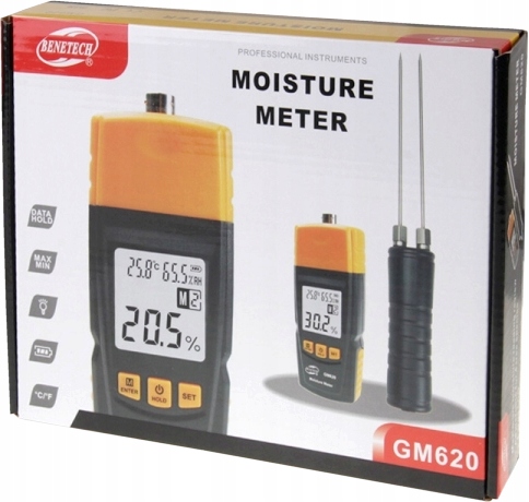 WILGOTNOŚCIOMIERZ PRECYZYJNY I SZYBKI MIERNIK WILGOTNOŚCI DREWNA +SONDA LCD Model GM620