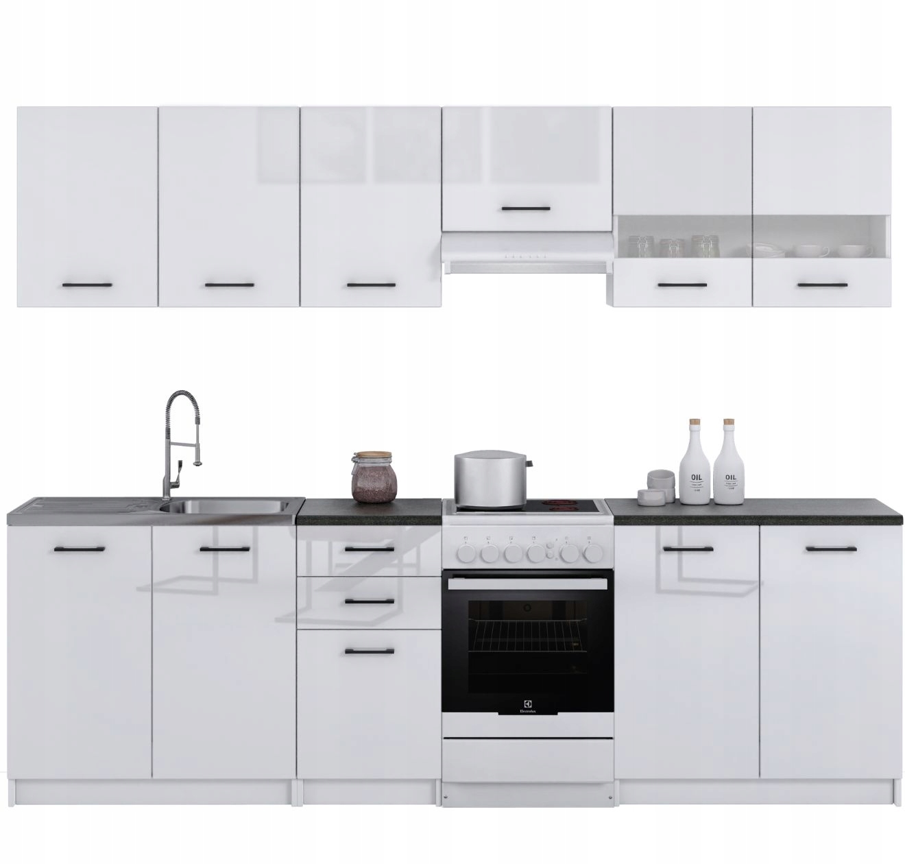 Meble kuchenne BIAŁY AKRYL POŁYSK komplet mebli z blatami District Dark