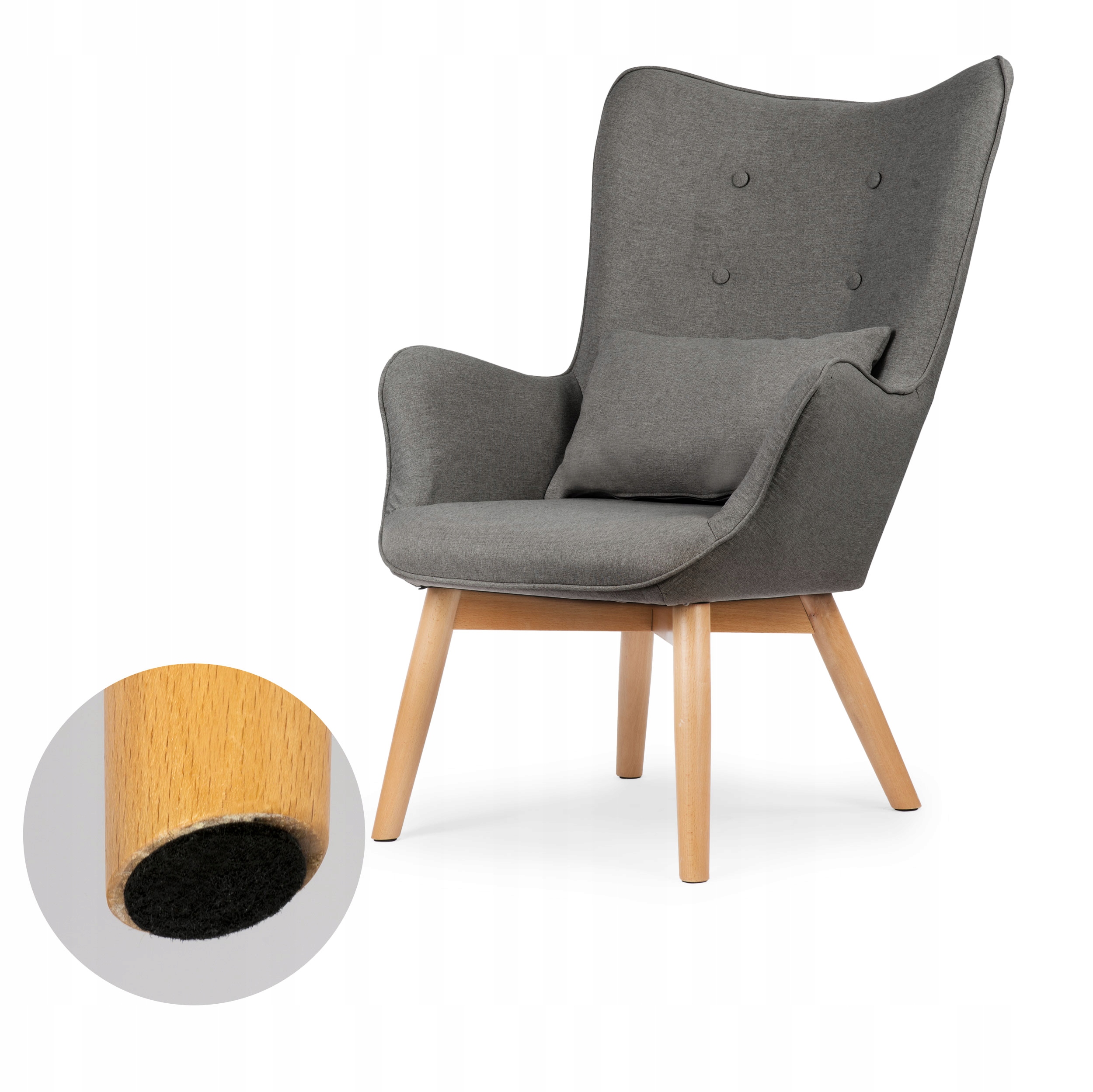 Fotel USZAK SZARY styl skandynawski + podnóżek poduszka Szerokość mebla 70 cm