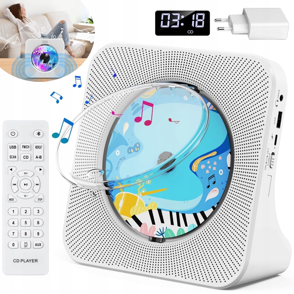 Přenosný CD Přehrávač S Dálkovým Ovládáním Bluetooth, Bílé Fm Rádio, Multifunkční
