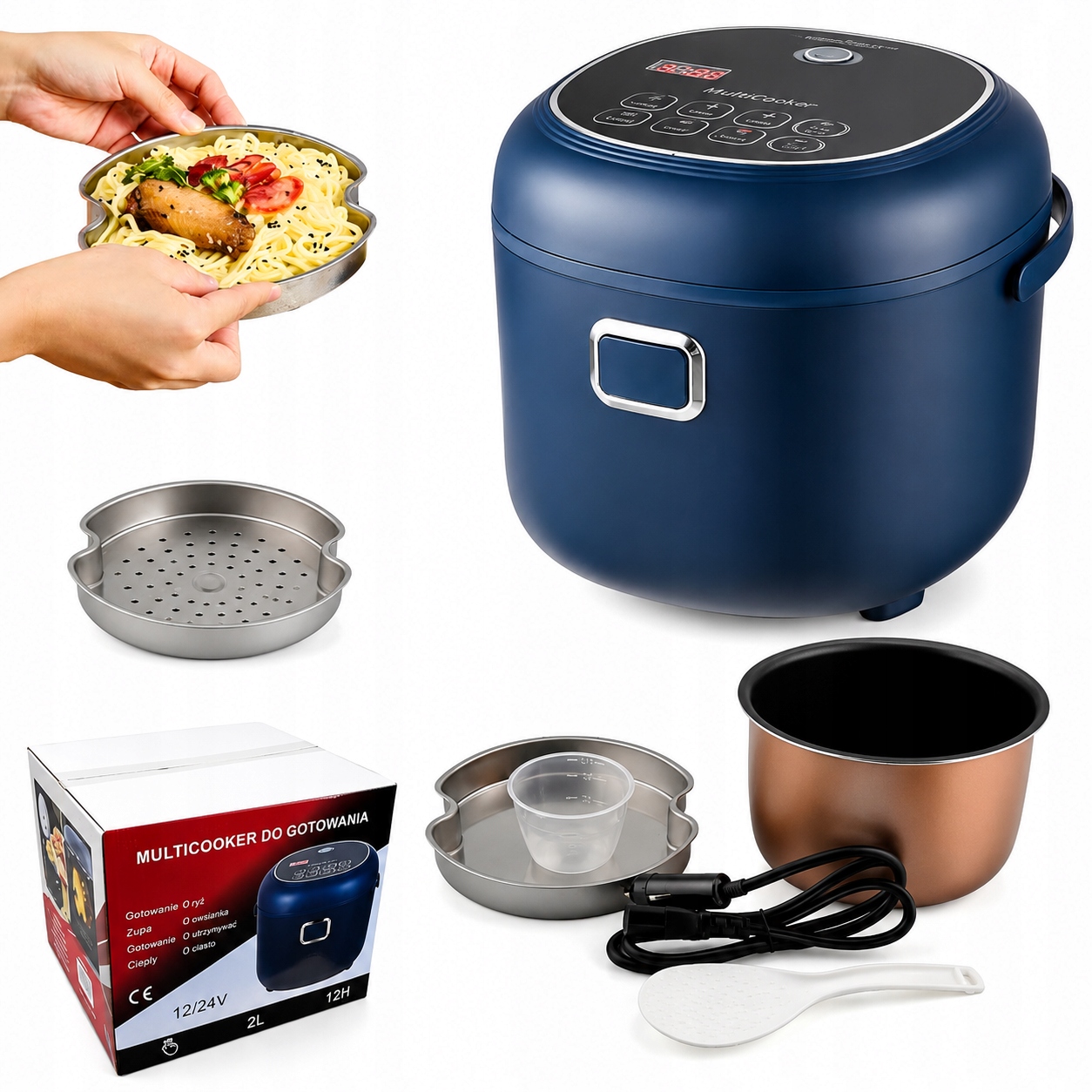 Přenosný multicooker 2L 203W 12V/24V s funkcí vaření v páře