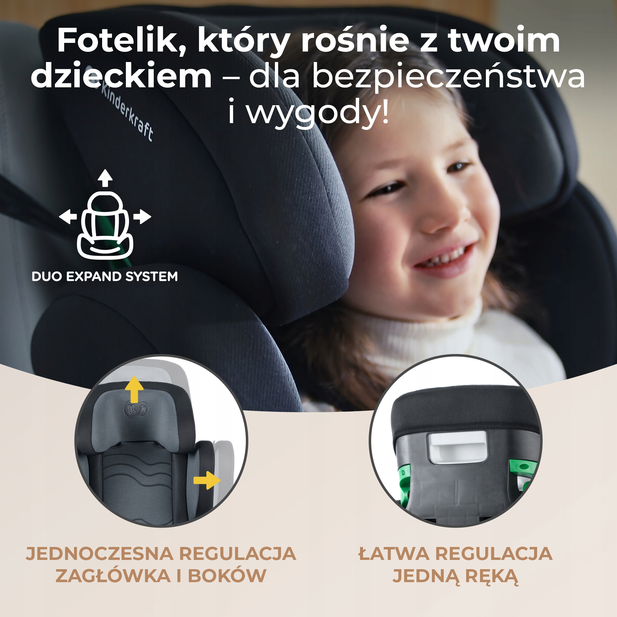 FOTELIK SAMOCHODOWY PODKŁADKA 2w1 XPAND2 do 36kg KINDERKRAFT TESTY ADAC Model XPAND 2 i-Size