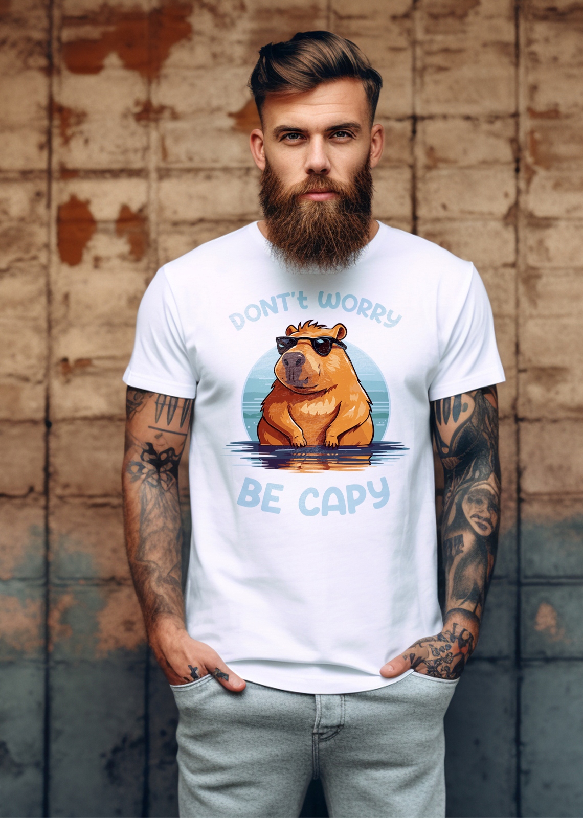 KOSZULKA MĘSKA DON'T WORRY BE CAPY CAPYBARA KAPIBARA TSHIRT NADRUK CAPY Dekolt okrągły