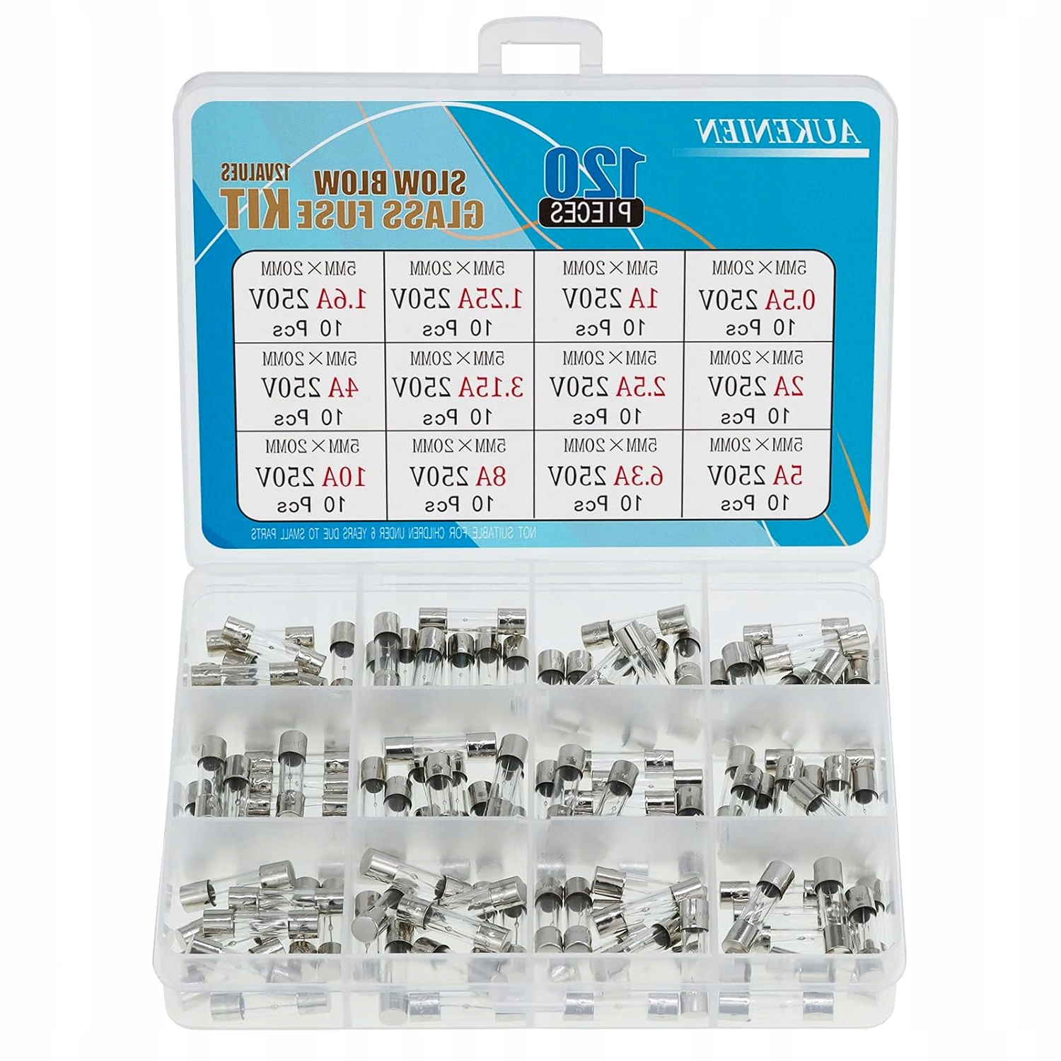 ZESTAW BEZPIECZNIKÓW SZKLANYCH RURKOWYCH 5X20MM 12 WARTOŚCI 250V