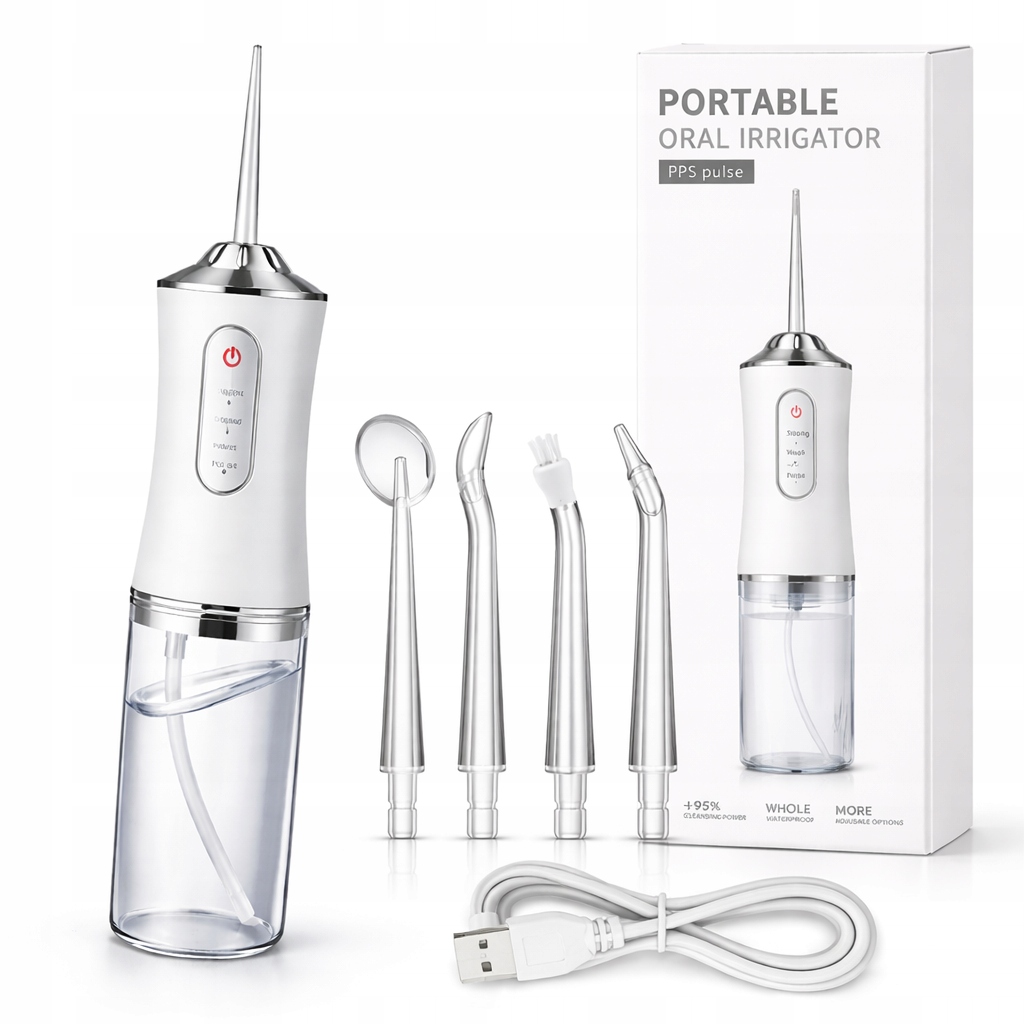 Irygator Do Zębów Mocny 3 Tryby Bezprzewodowy Premium 4 Dysze Zestaw XL