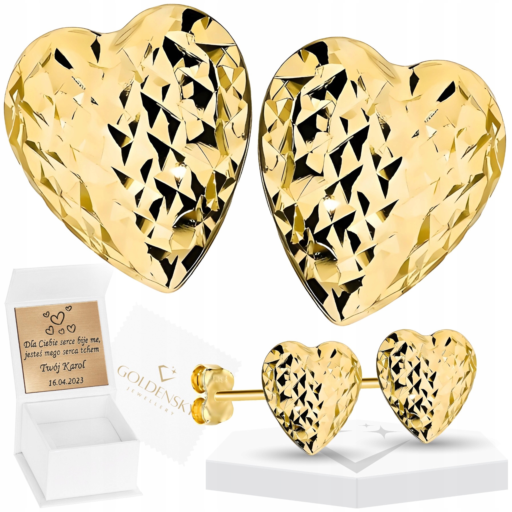 Złote kolczyki 585 Serca Serduszka Diamentowane Grawer