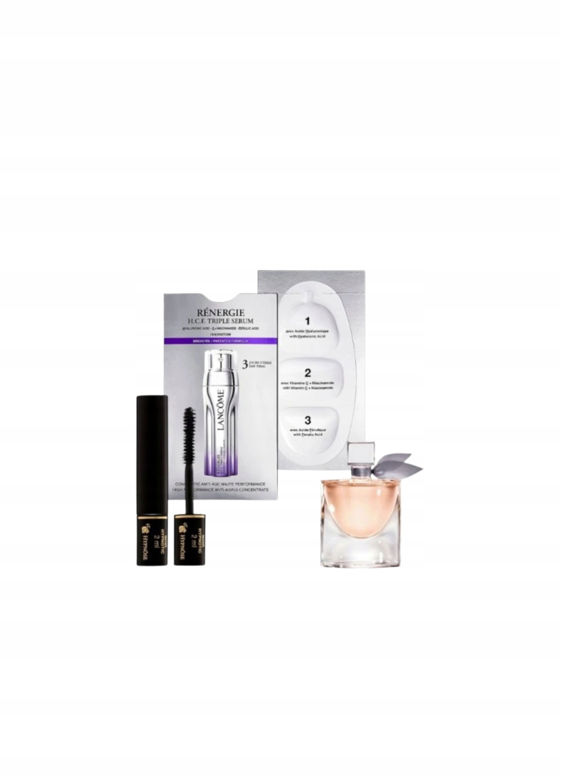 Lancome, zestaw: tusz do rzęs 2ml, perfum La vie est belle 4ml, krem 3ml