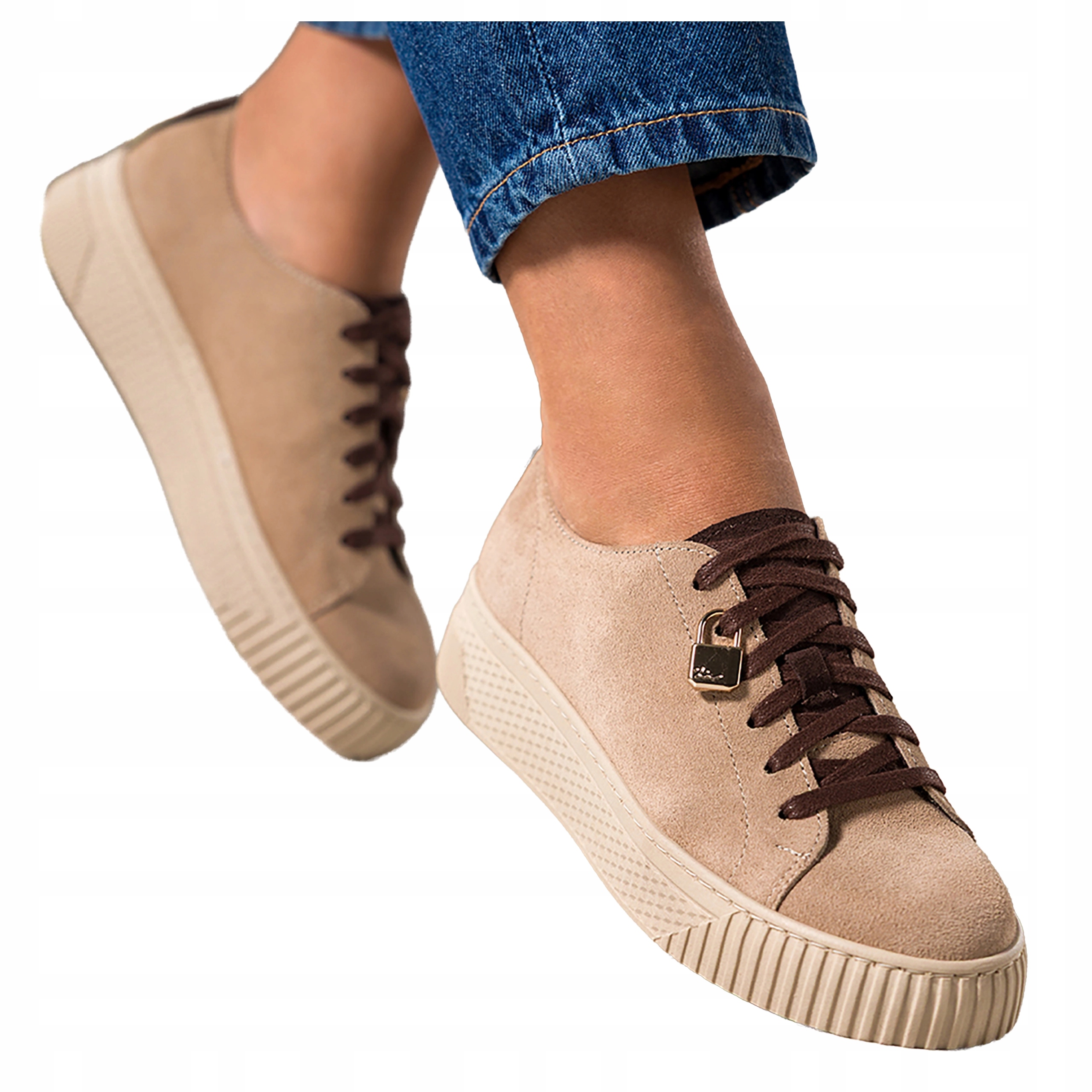 Béžové dámské semišové šněrovací tenisky na platformě, kožené, velikost 38