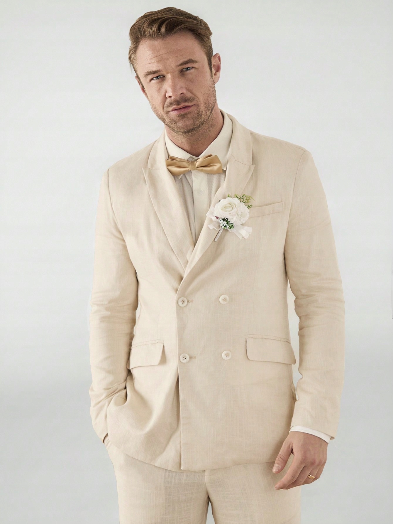 Pánský Lněný Oblek Elegantní, Stylový, Módní, Béžový Shein