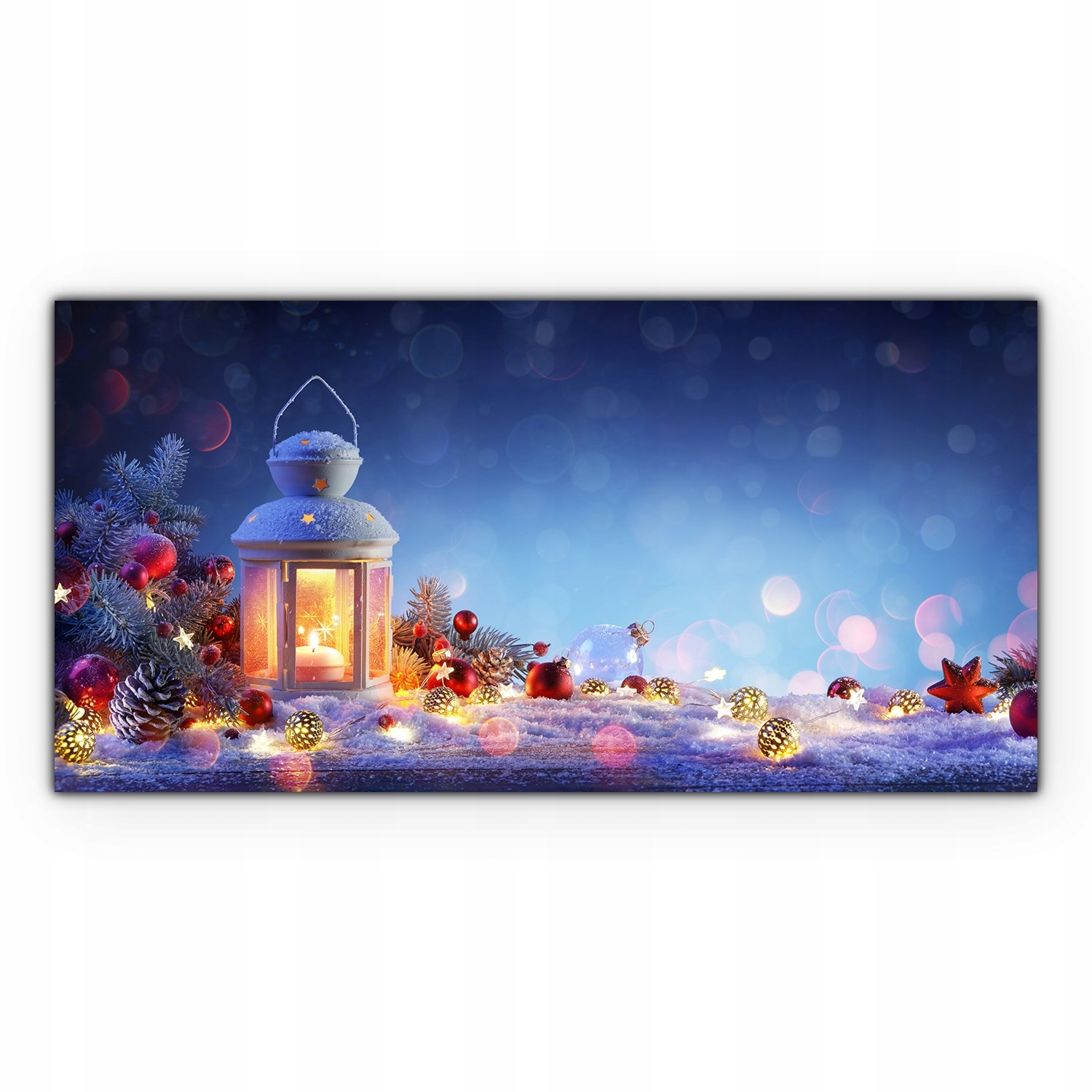 

Foto obraz szklany Bombki lampiony śnieg 140x70 cm