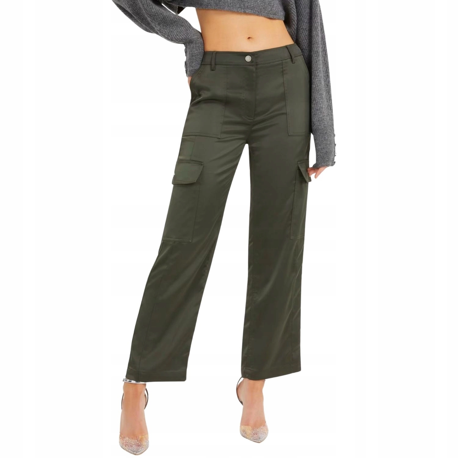 Dámské látkové kalhoty Guess zelené saténové cargo střední velikosti, velikost M