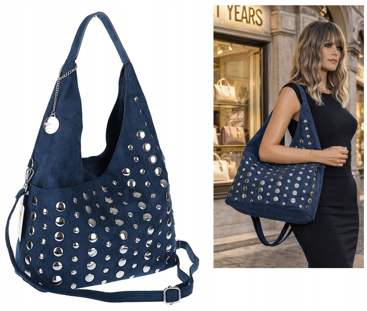 Torebka damska shopper worek zamszowa A4 na Ramię z nitami S8117 Niebieska