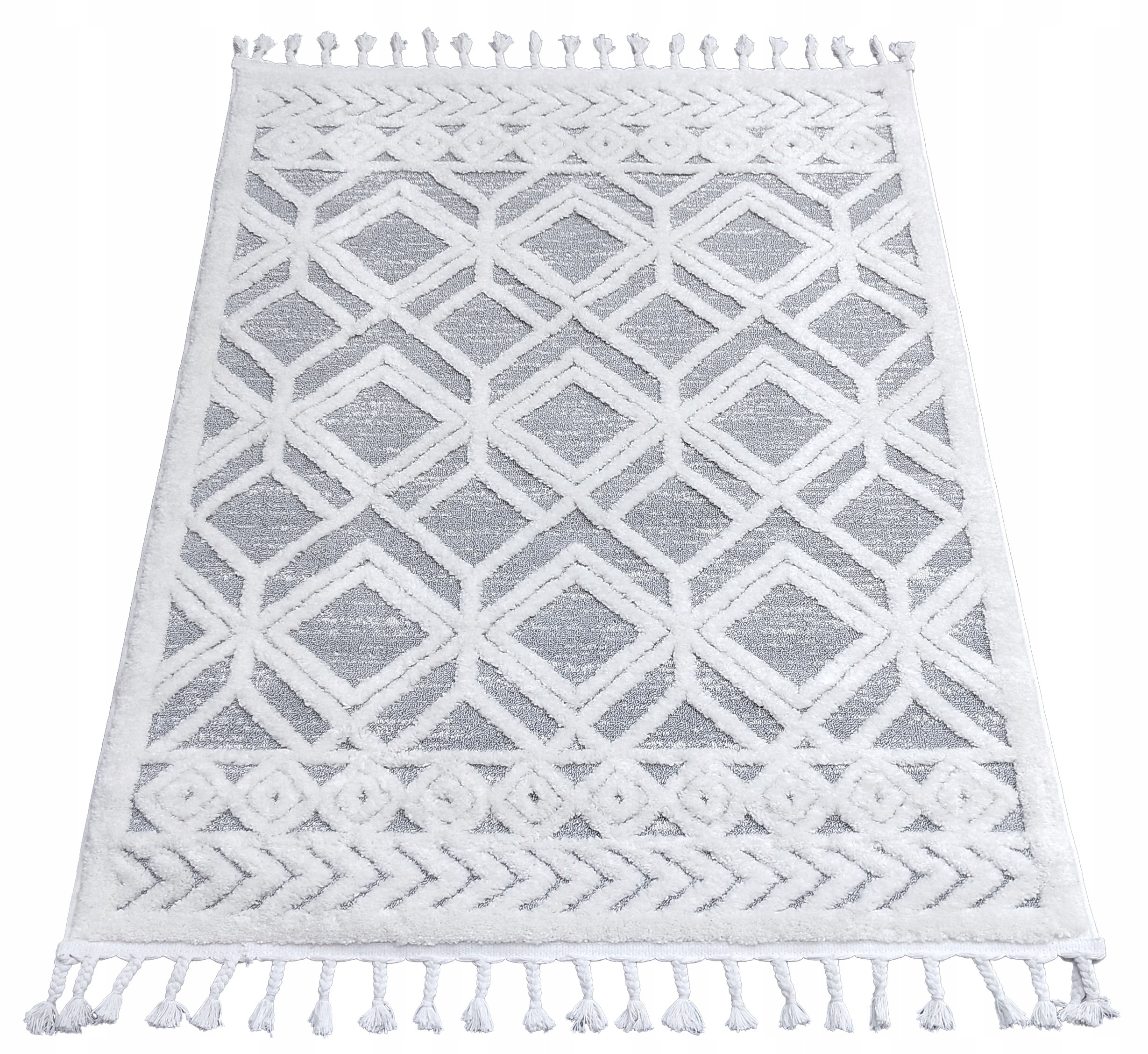Koberec 140x190 Boho Berber Do Obývačky Šedá Krémová Biela Strapce