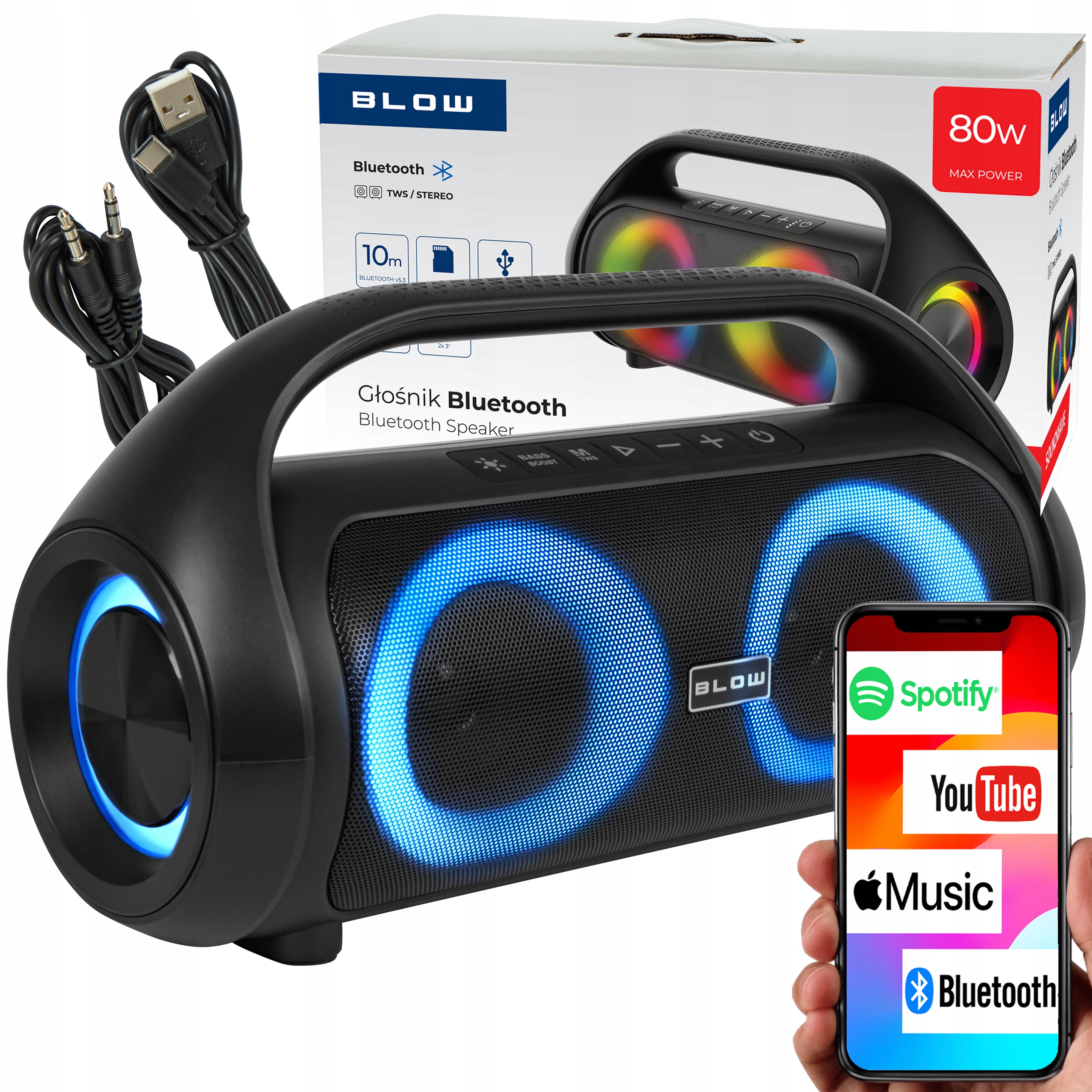 Głośnik Bluetooth Przenośny Bezprzewodowy Wodoodporny IPX5 Radio Fm Usb Rgb
