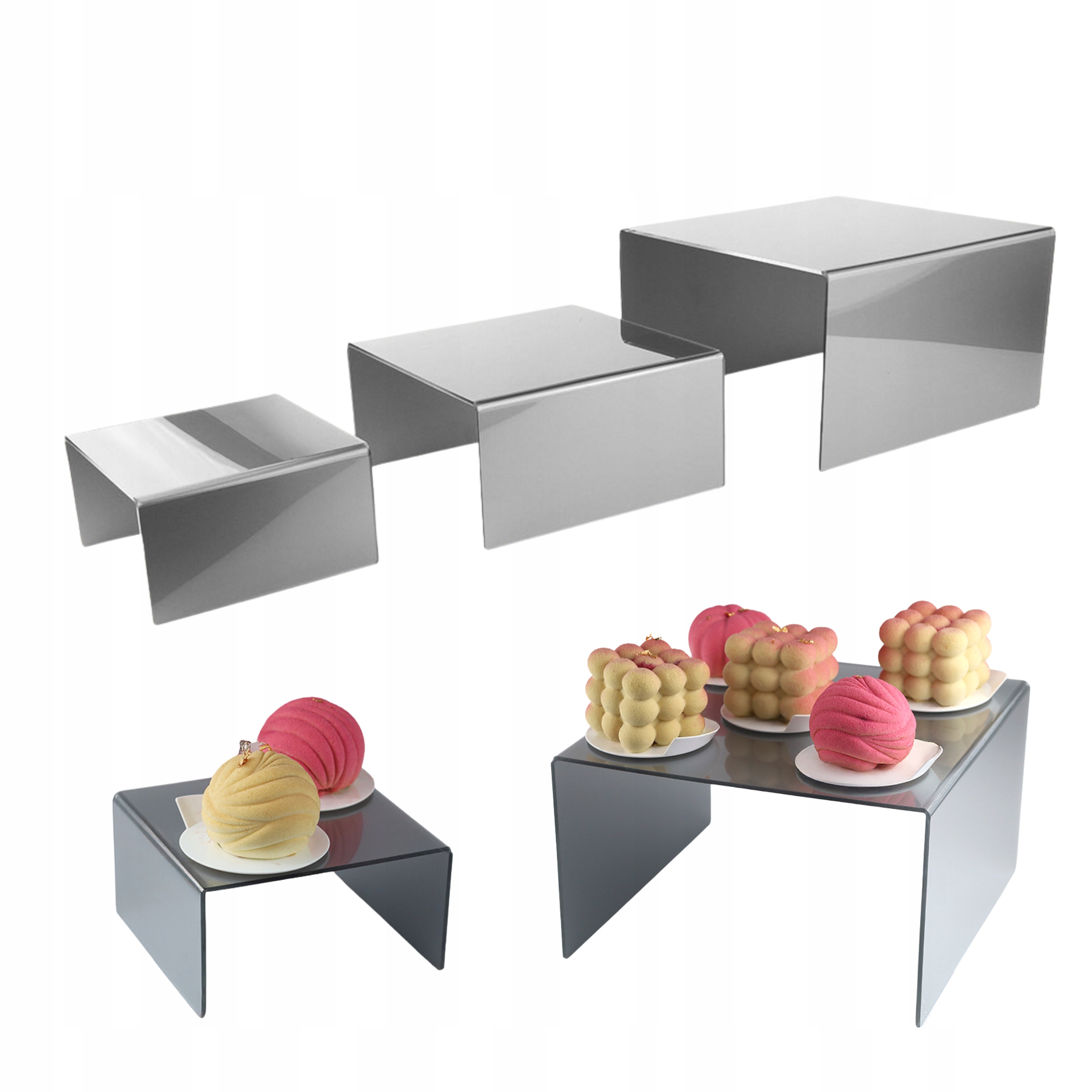 Ekspozytory podesty stojaki srebrne na Słodki Stół plexi patery kwadratowe