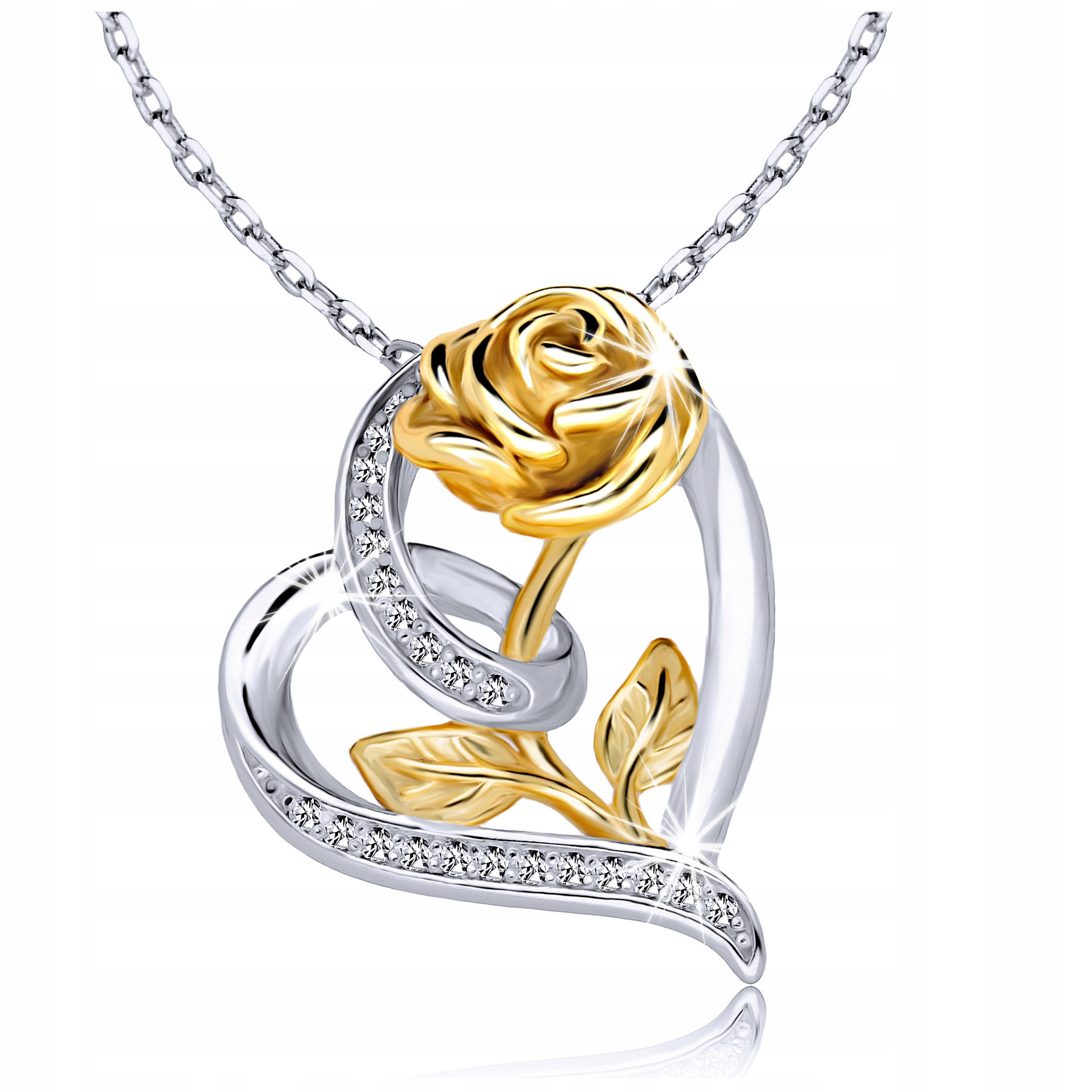 Srebrny Naszyjnik 925 Duże Serce Wspaniałe Serduszko z Różą