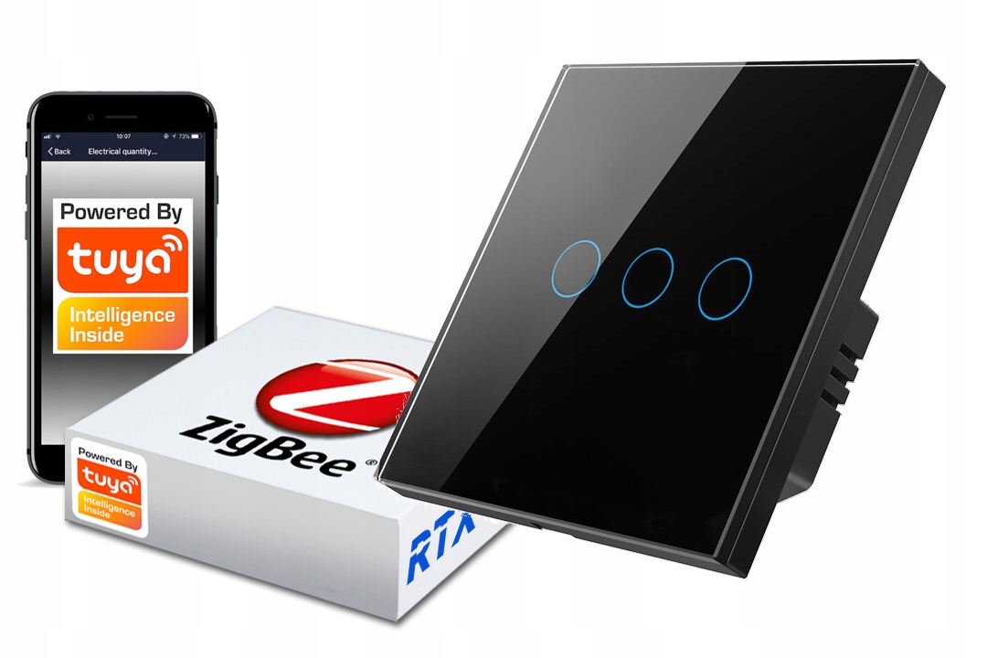 Dotykový spínač ZigBee Tuya 3obj. černý #bez N