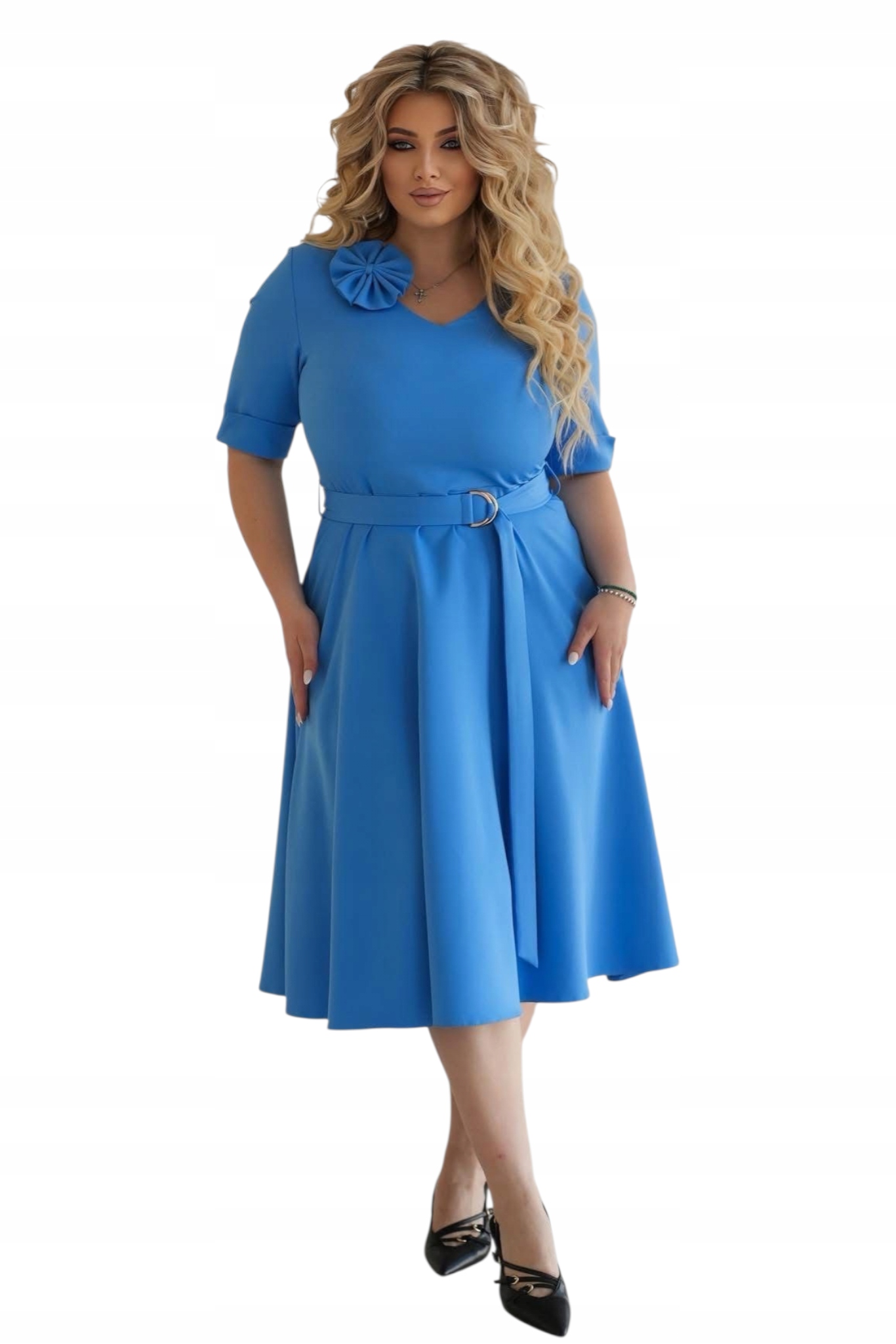 Elegantní šaty s páskem 7/8, Plus Size, modré, velikost 46