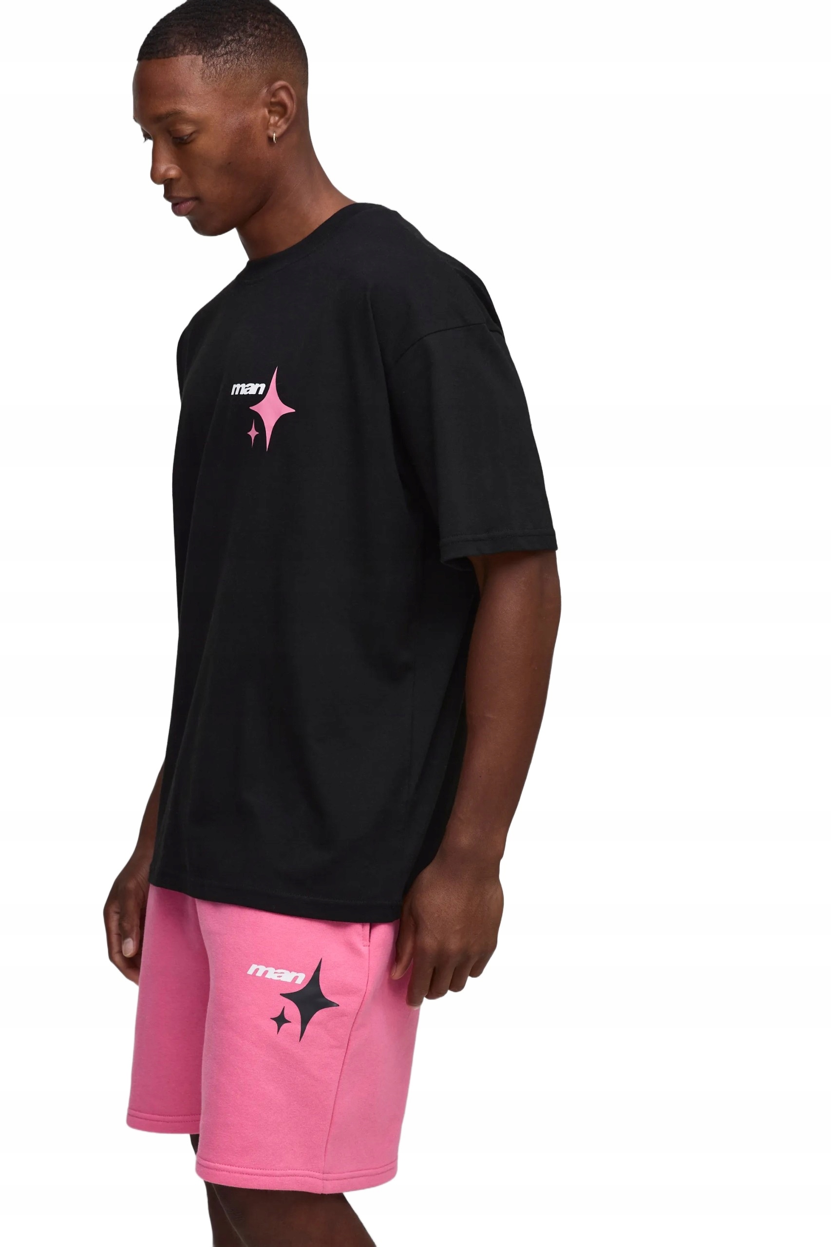 Boohooman Černé Tričko A Růžové Šortky Pánský Komplet S Potiskem M Z3A