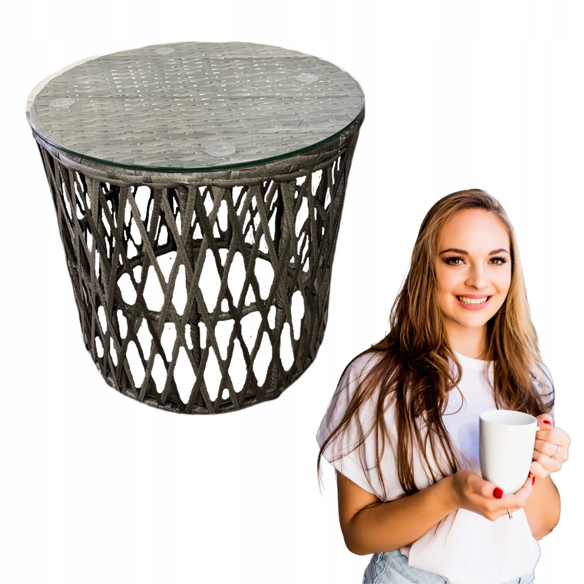 Záhradný kávový stolík Technorattan Sivý Okrúhly na terasu Balkón Lavička