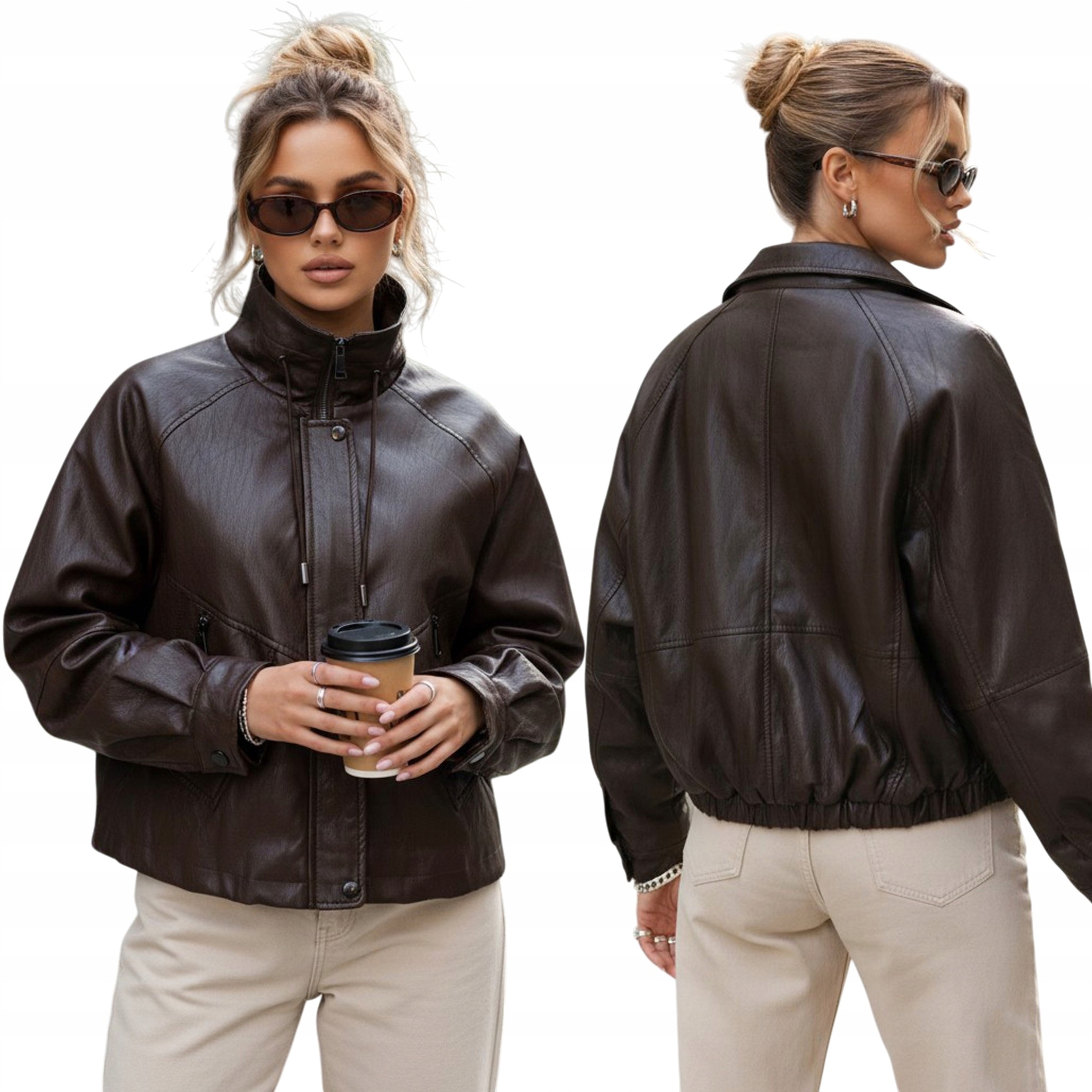 Kurtka damska skórzana luźna bez kaptura brązowa TY5663 M