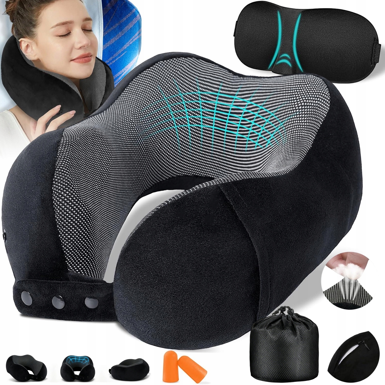 Poduszka Pod Szyję Do Samolotu Memory Foam Zestaw Podróżny Czarna