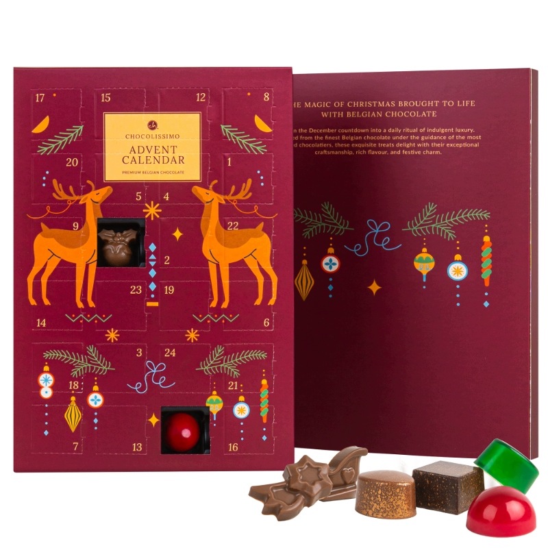 Адвент-календарь Chocolissimo, пралине и фигурки из бельгийского шоколада, бордовый