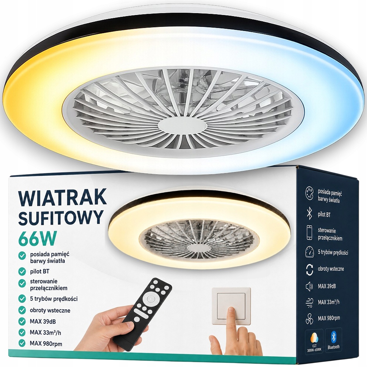 Ventilátor stropní ventilátor Led lampa 66W Cct paměť barvy dálkový ovladač 48 cm bílá