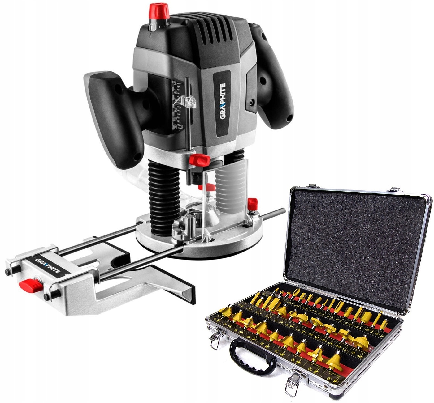 GRAPHITE FREZARKA GÓRNOWRZECIONOWA 59G717 TULEJE 6-8-12mm +FREZY 35 WALIZKA Zasilanie sieciowe